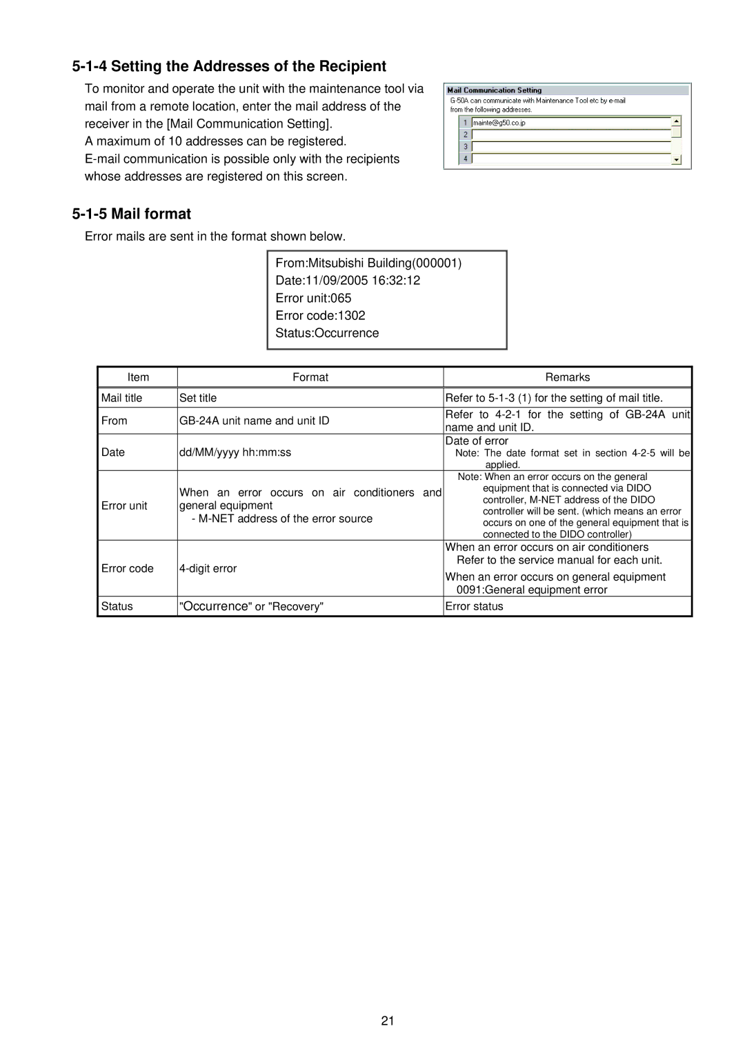 Mitsubishi Electronics GB-24A operation manual Setting the Addresses of the Recipient, Mail format 