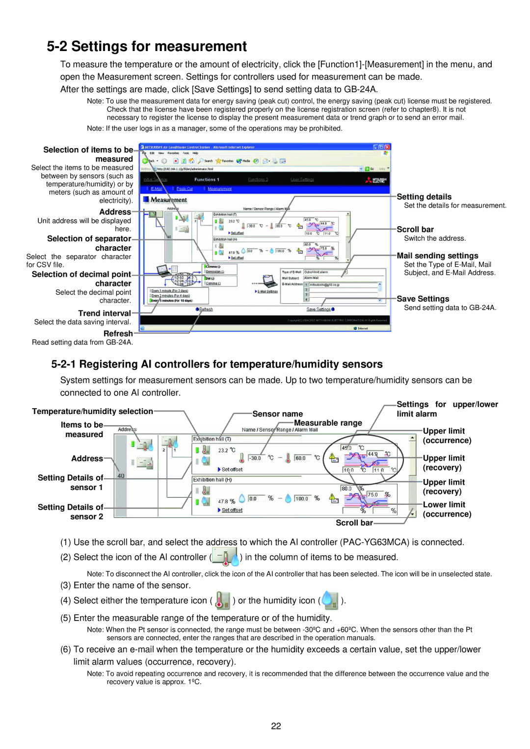 Mitsubishi Electronics GB-24A Settings for measurement, Registering AI controllers for temperature/humidity sensors 