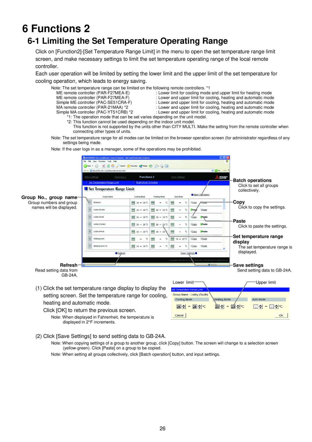 Mitsubishi Electronics GB-24A operation manual Limiting the Set Temperature Operating Range 