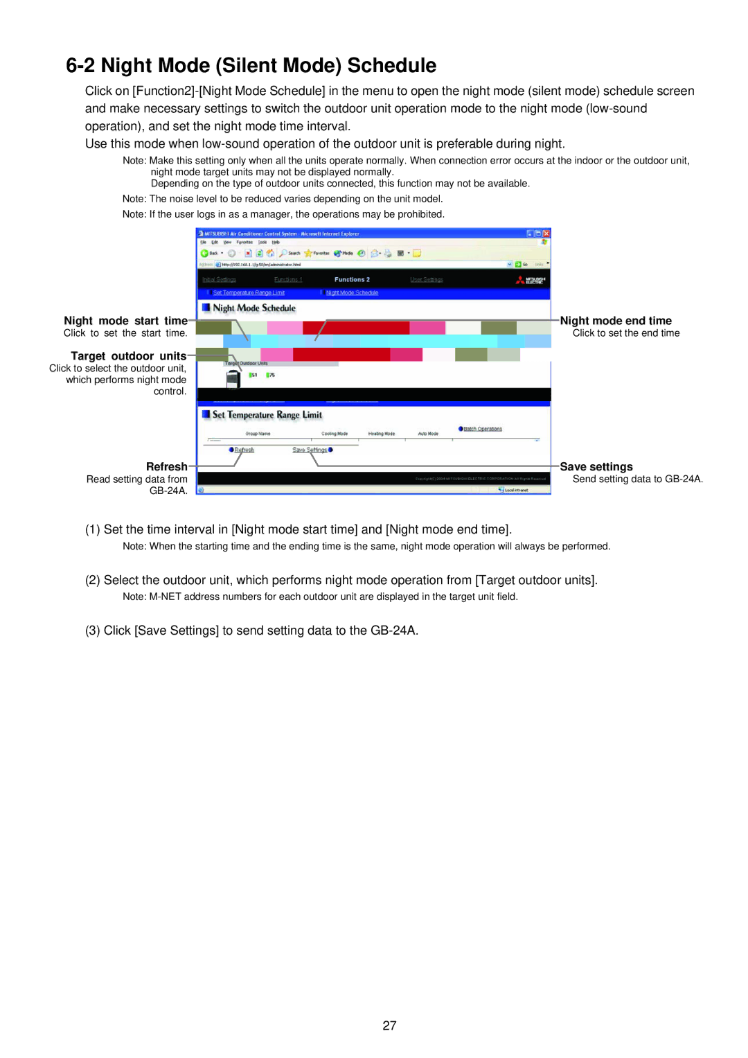 Mitsubishi Electronics GB-24A operation manual Night Mode Silent Mode Schedule, Night mode start time Night mode end time 