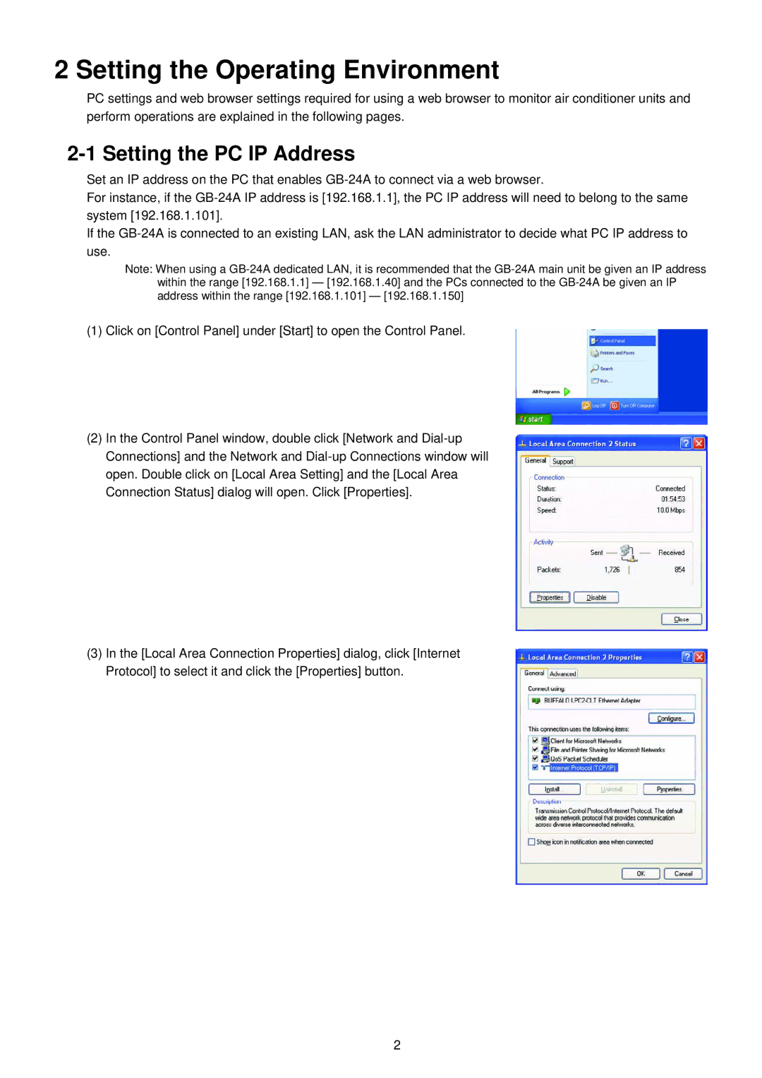 Mitsubishi Electronics GB-24A operation manual Setting the Operating Environment, Setting the PC IP Address 