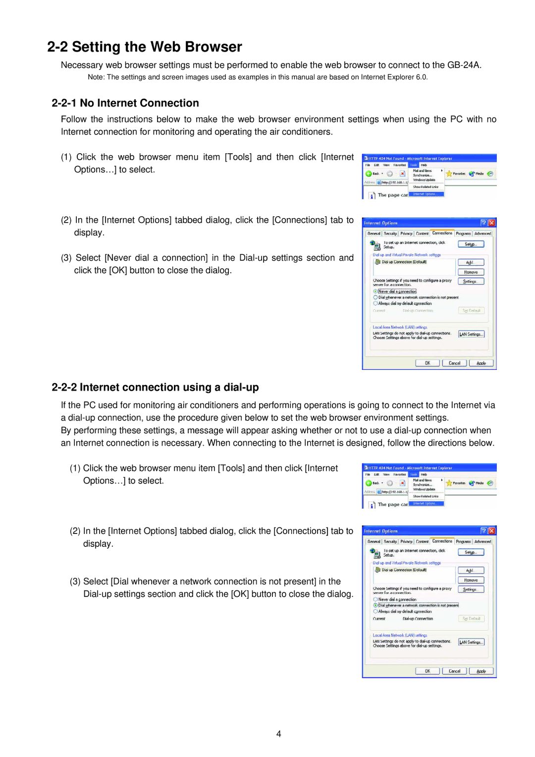 Mitsubishi Electronics GB-24A Setting the Web Browser, No Internet Connection, Internet connection using a dial-up 