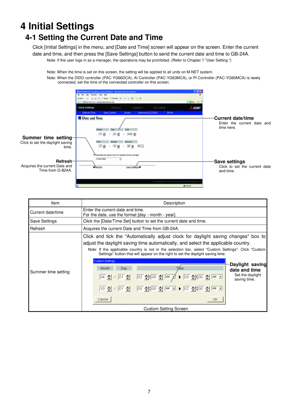 Mitsubishi Electronics GB-24A operation manual Initial Settings, Setting the Current Date and Time, Refresh 