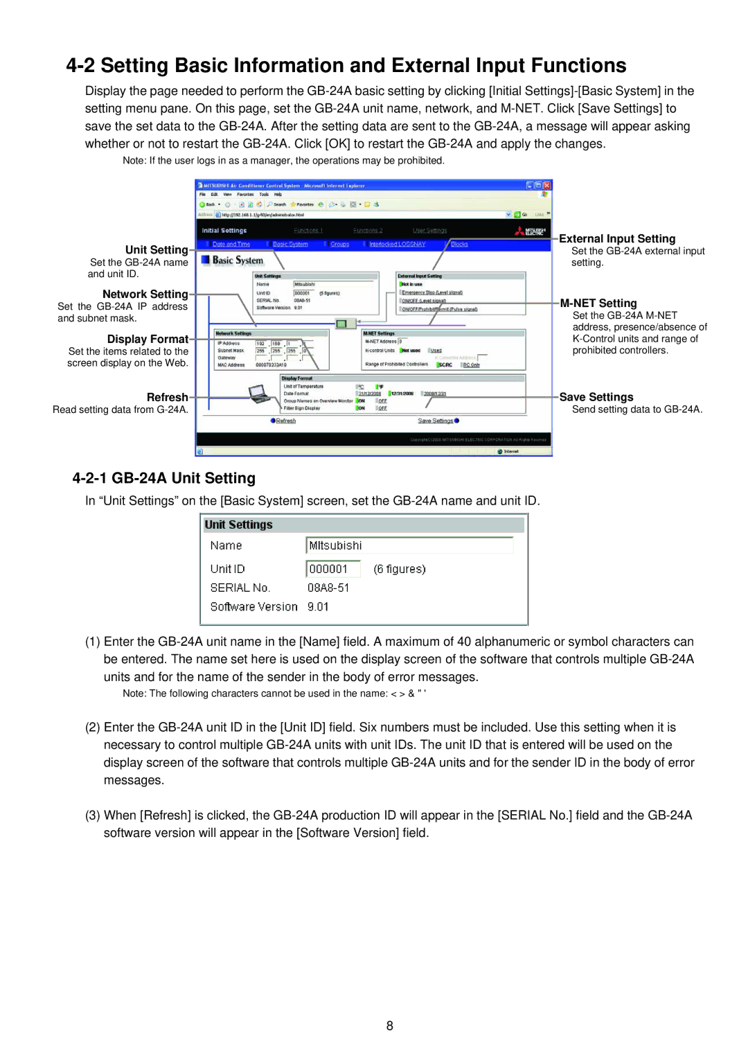 Mitsubishi Electronics operation manual Setting Basic Information and External Input Functions, 1 GB-24A Unit Setting 