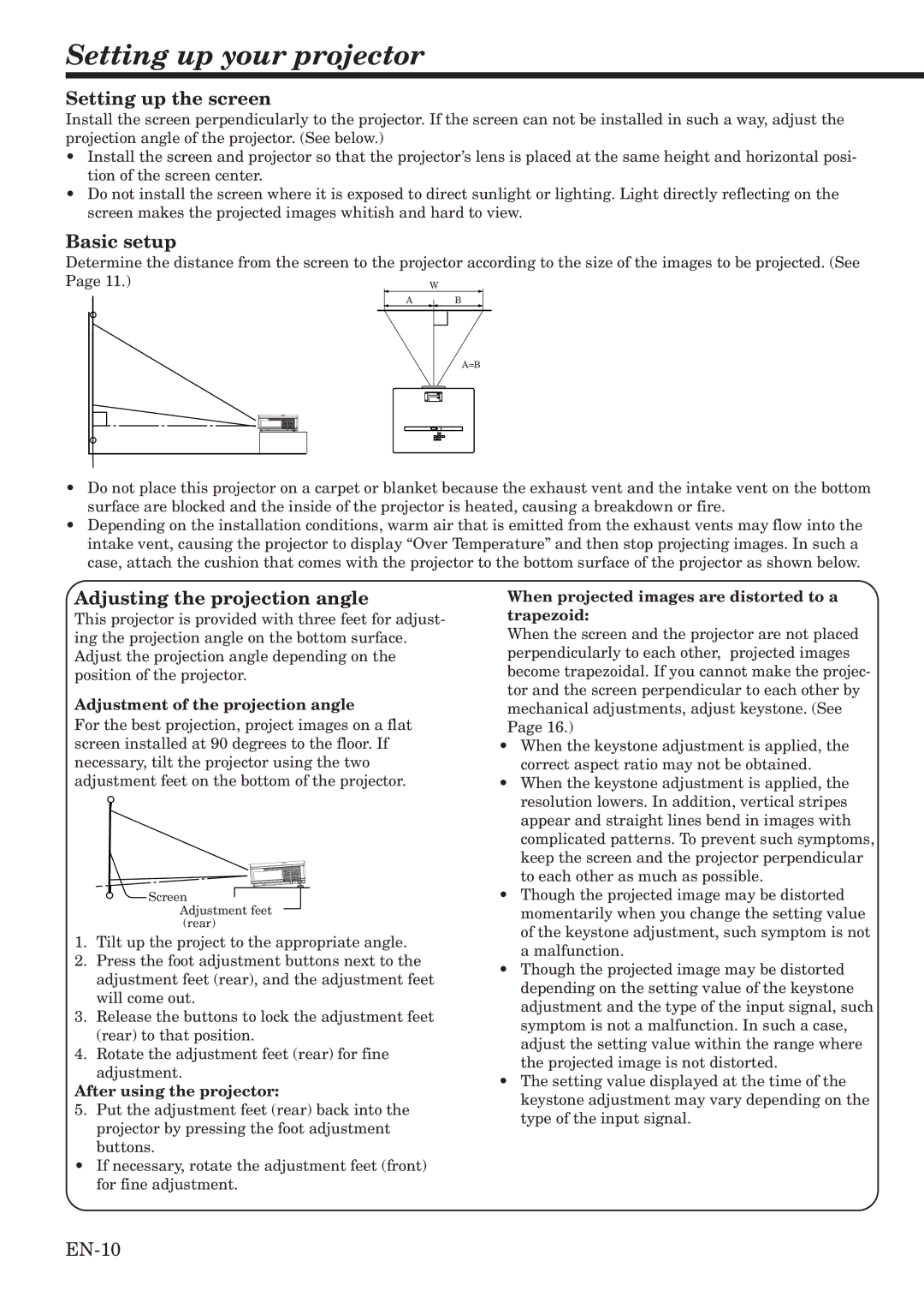 Mitsubishi Electronics HC1100 user manual Setting up your projector, Setting up the screen, Basic setup 