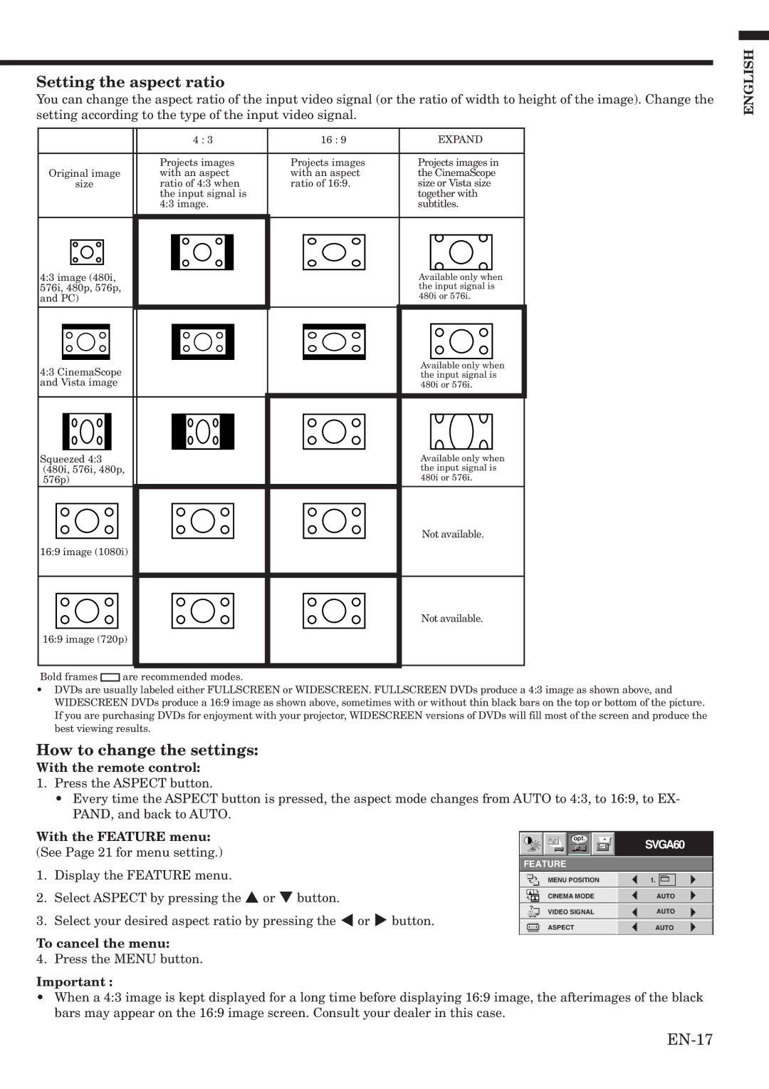 Mitsubishi Electronics HC1100 user manual Setting the aspect ratio, How to change the settings, With the remote control 