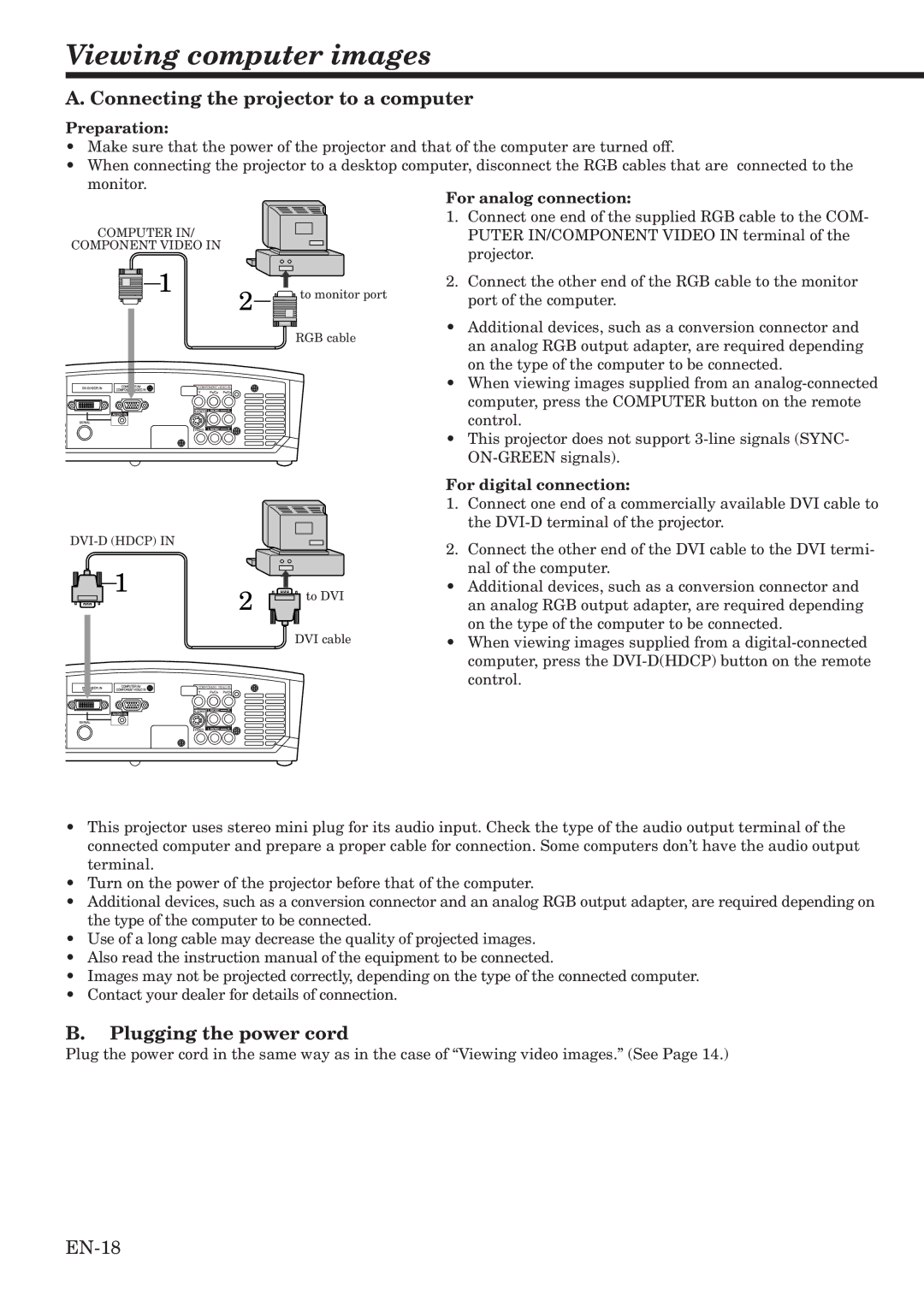 Mitsubishi Electronics HC1100 Viewing computer images, Connecting the projector to a computer, Plugging the power cord 