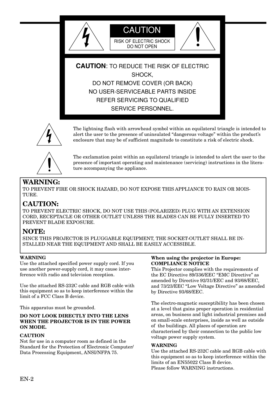 Mitsubishi Electronics HC1100 user manual When using the projector in Europe, Compliance Notice 