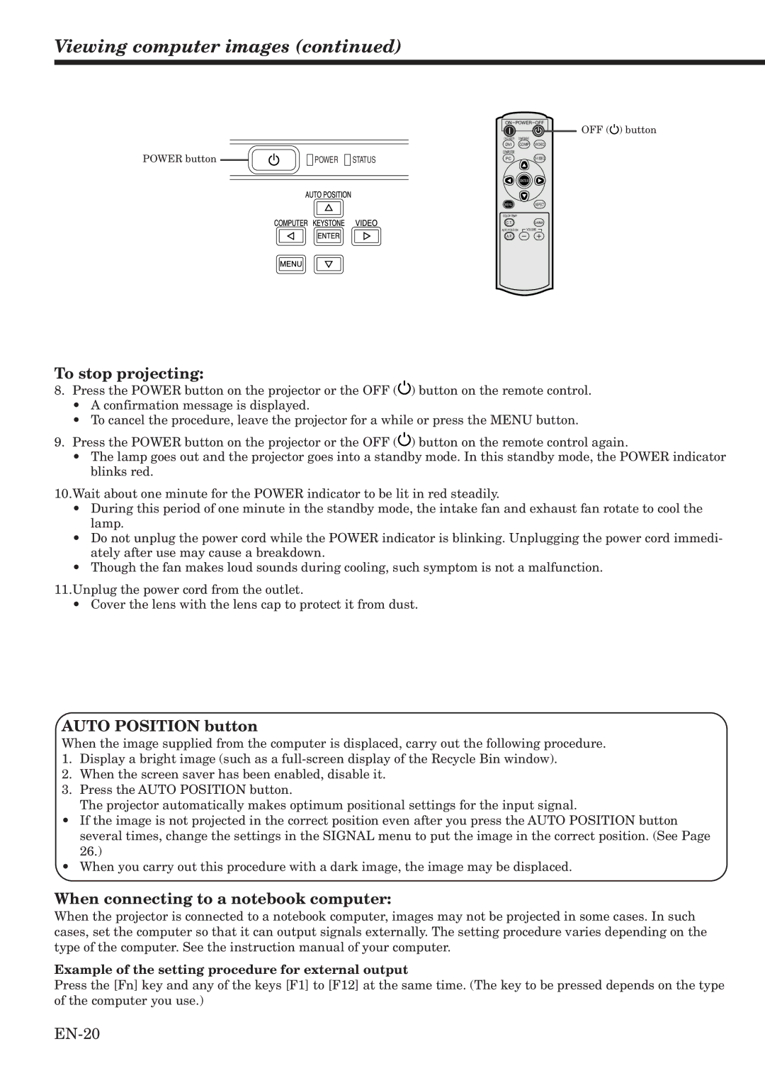 Mitsubishi Electronics HC1100 Viewing computer images, Auto Position button, When connecting to a notebook computer 