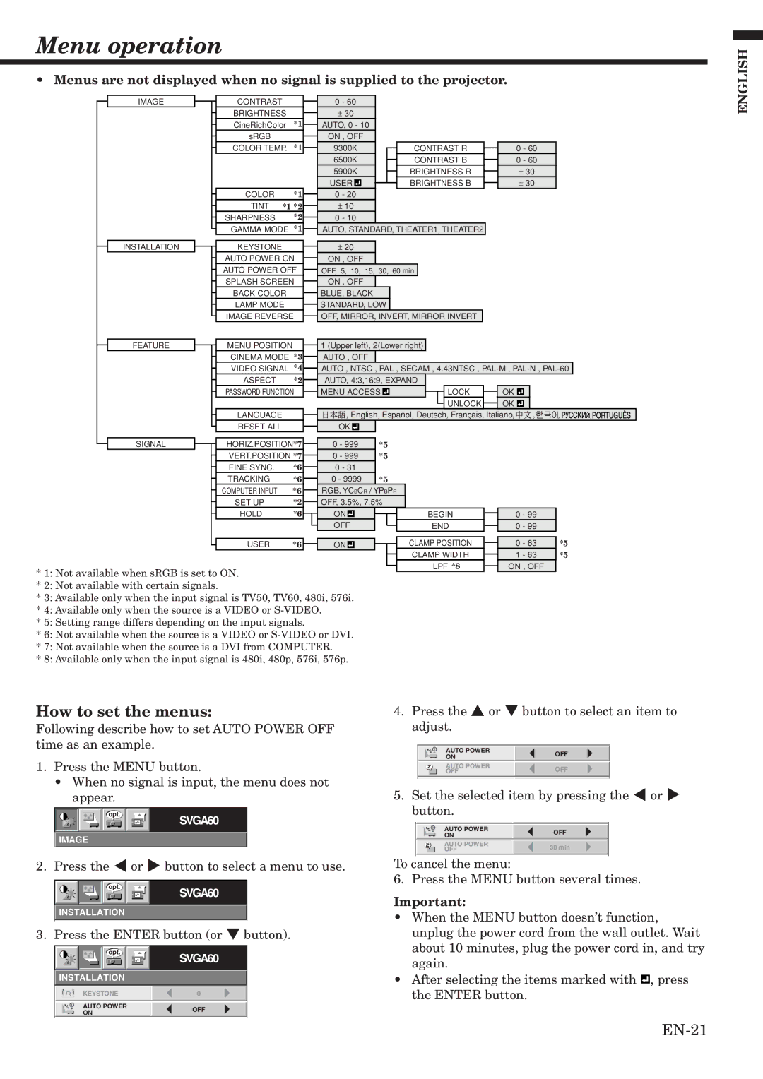 Mitsubishi Electronics HC1100 user manual Menu operation, How to set the menus 