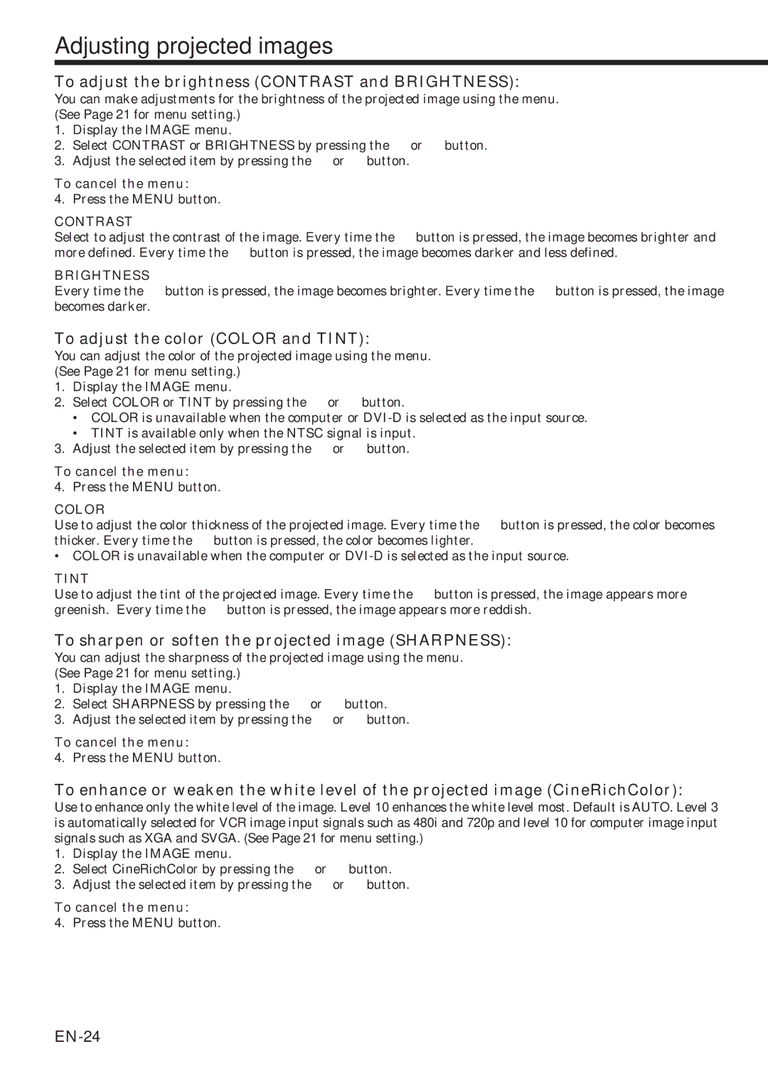 Mitsubishi Electronics HC1100 user manual Adjusting projected images, To adjust the brightness Contrast and Brightness 