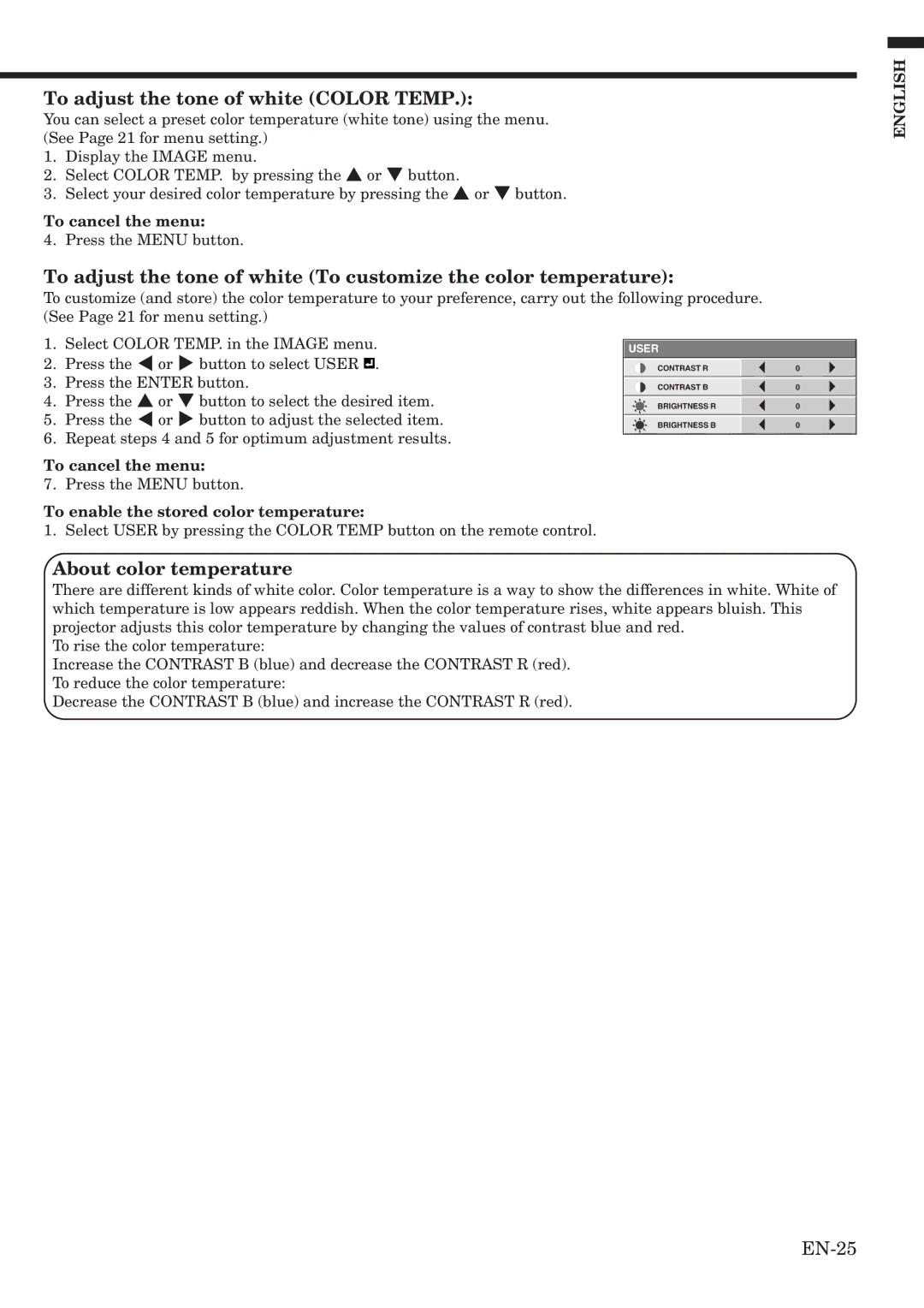 Mitsubishi Electronics HC1100 user manual To adjust the tone of white Color Temp, About color temperature 