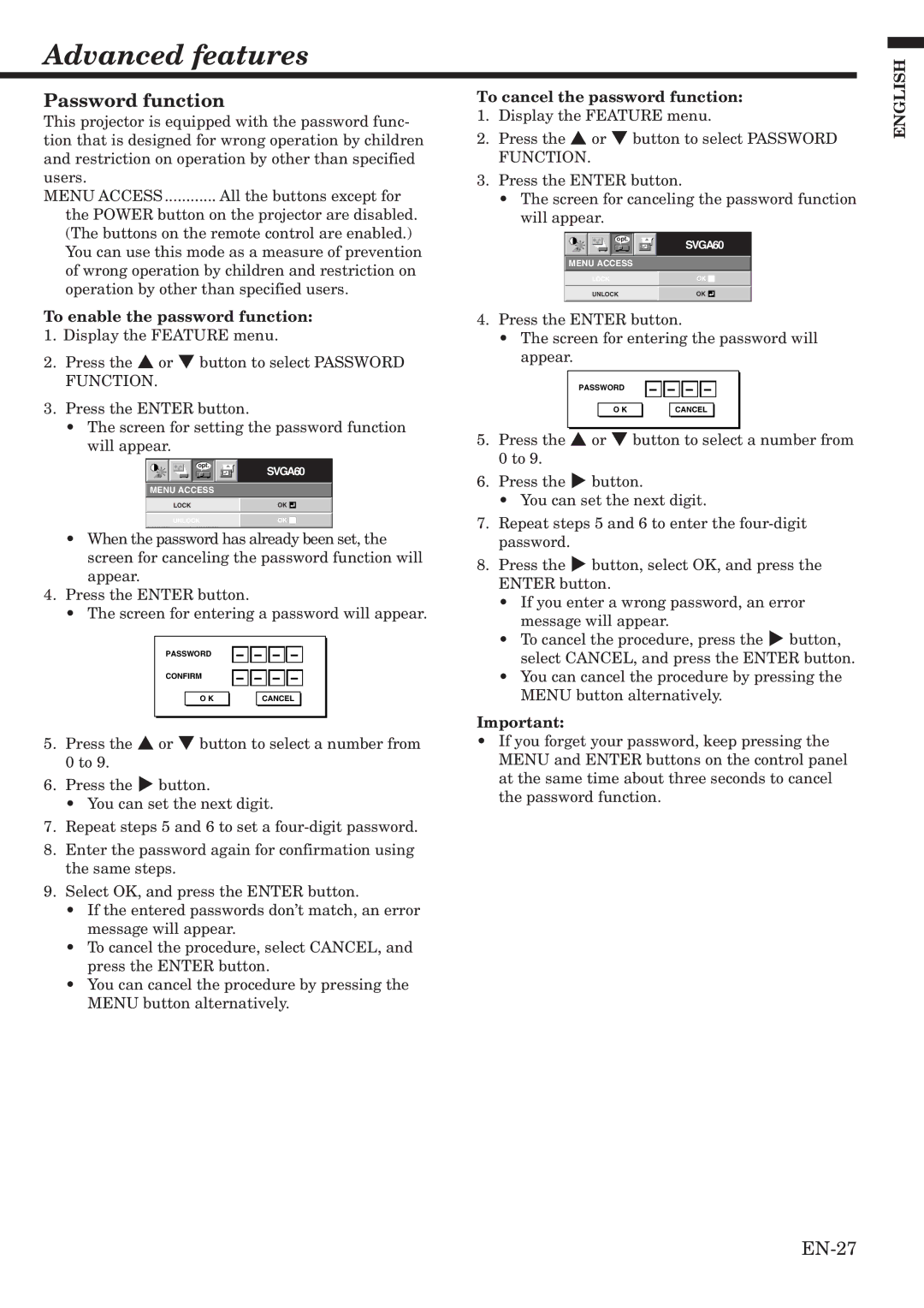 Mitsubishi Electronics HC1100 user manual Advanced features, Password function, To enable the password function 