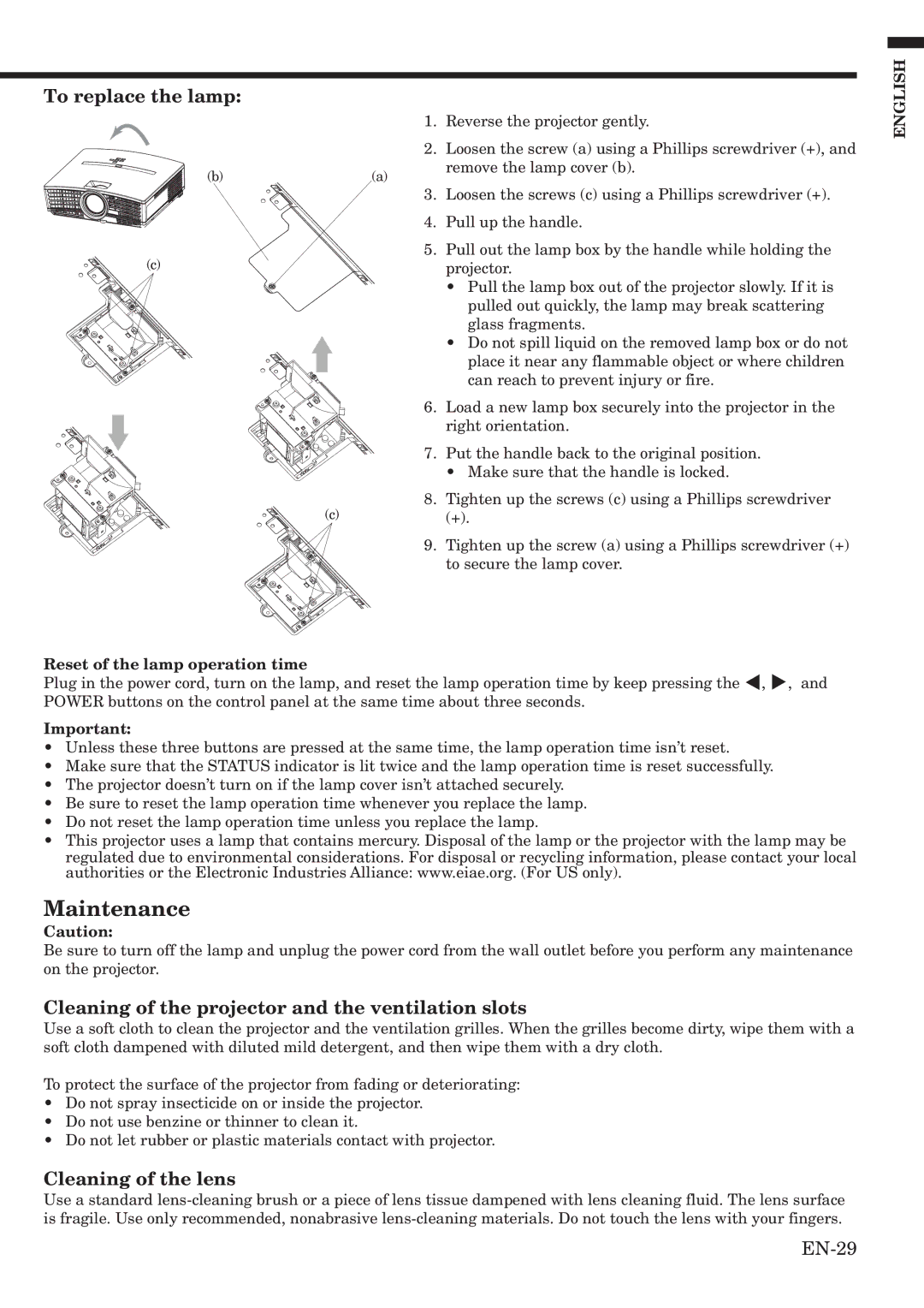 Mitsubishi Electronics HC1100 Maintenance, To replace the lamp, Cleaning of the projector and the ventilation slots 