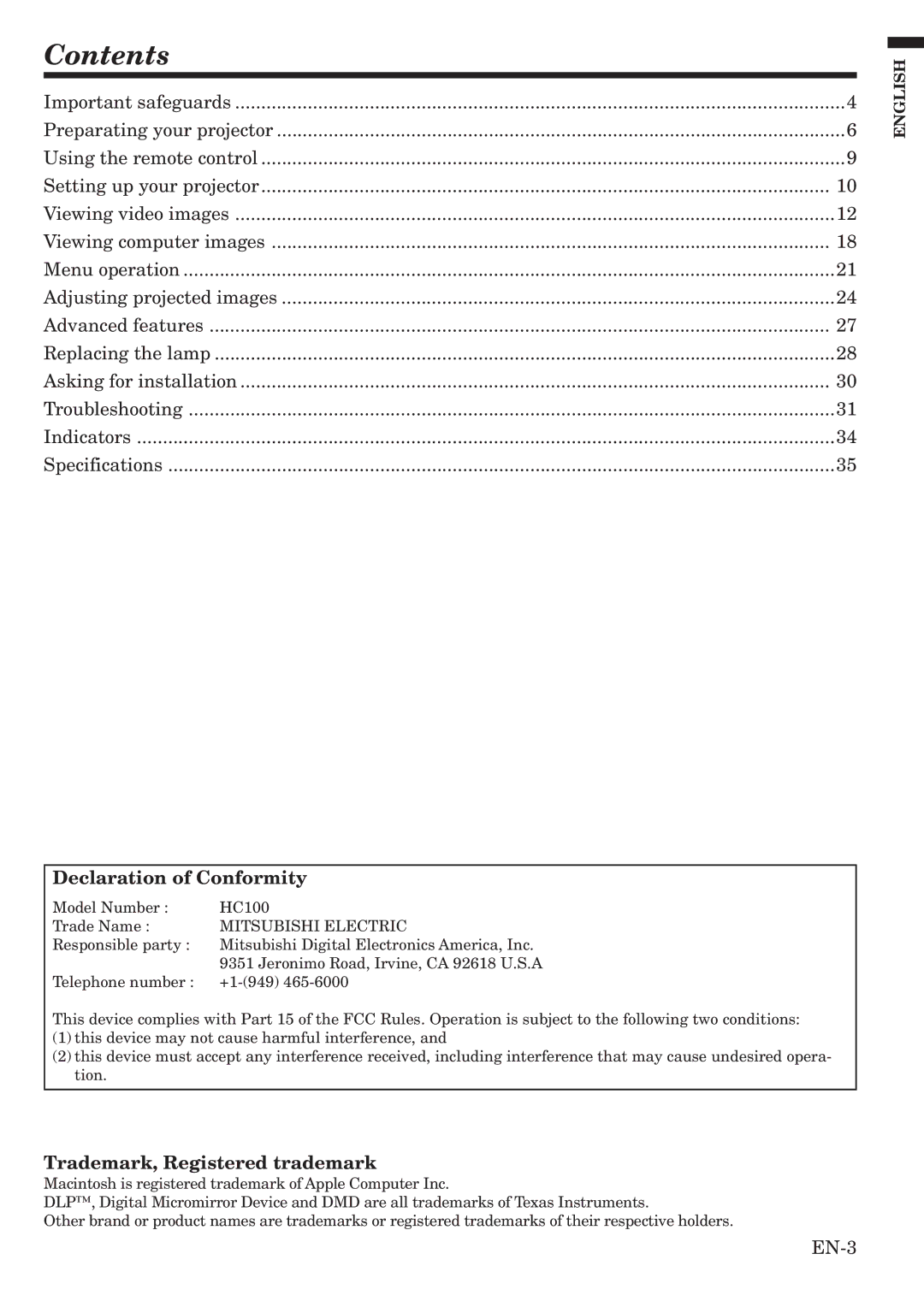 Mitsubishi Electronics HC1100 user manual Contents 