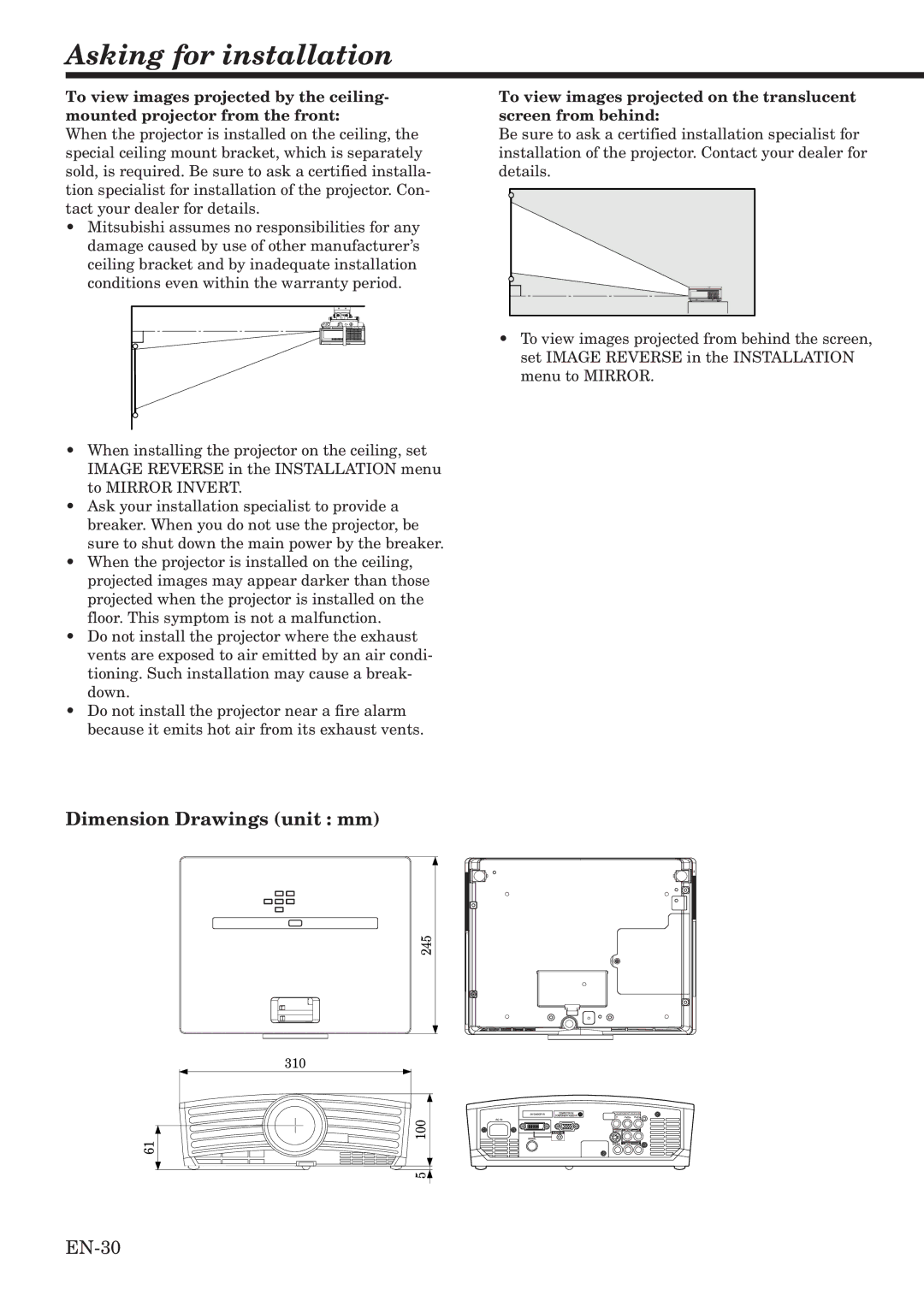 Mitsubishi Electronics HC1100 user manual Asking for installation, Dimension Drawings unit mm 