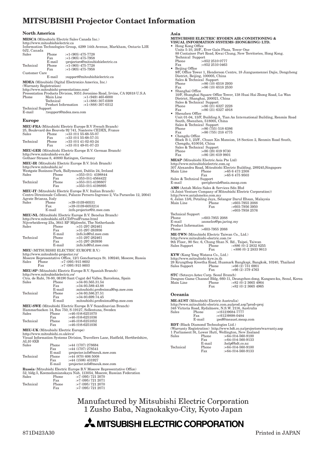 Mitsubishi Electronics HC1100 user manual Mitsubishi Projector Contact Information, North America 