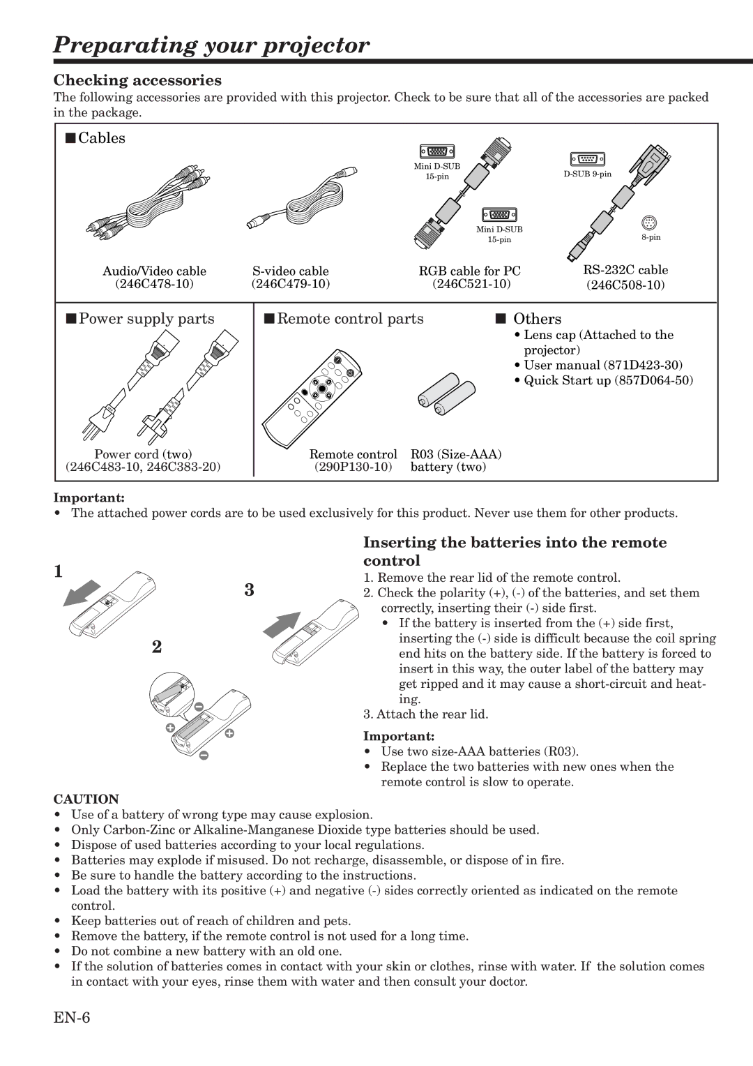 Mitsubishi Electronics HC1100 Preparating your projector, Checking accessories, Inserting the batteries into the remote 