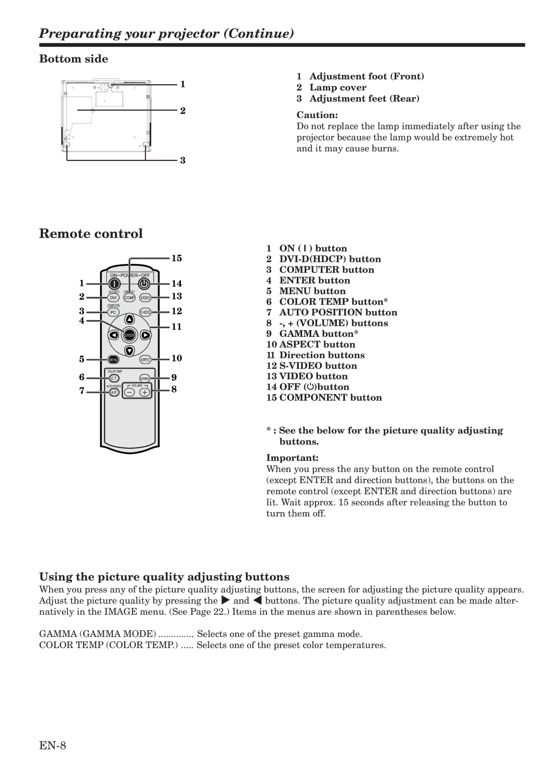 Mitsubishi Electronics HC1100 user manual Preparating your projector Continue, Remote control, Bottom side 