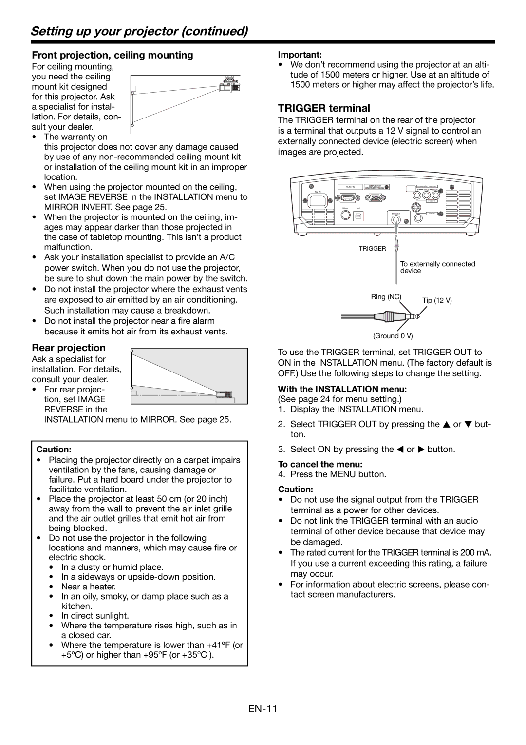 Mitsubishi Electronics HC1500 Setting up your projector, Trigger terminal, With the Installation menu, To cancel the menu 