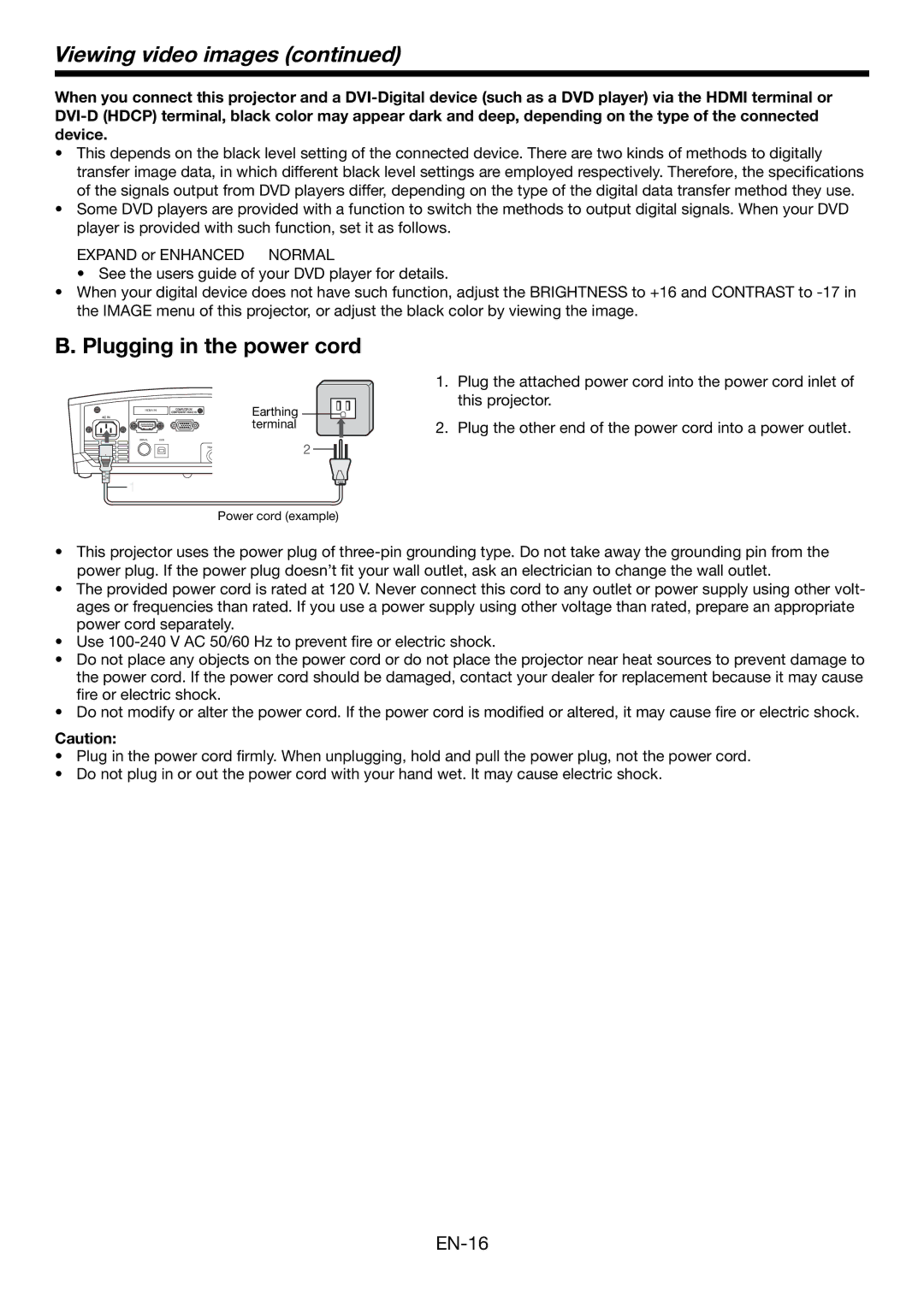 Mitsubishi Electronics HC1500 user manual Plugging in the power cord 
