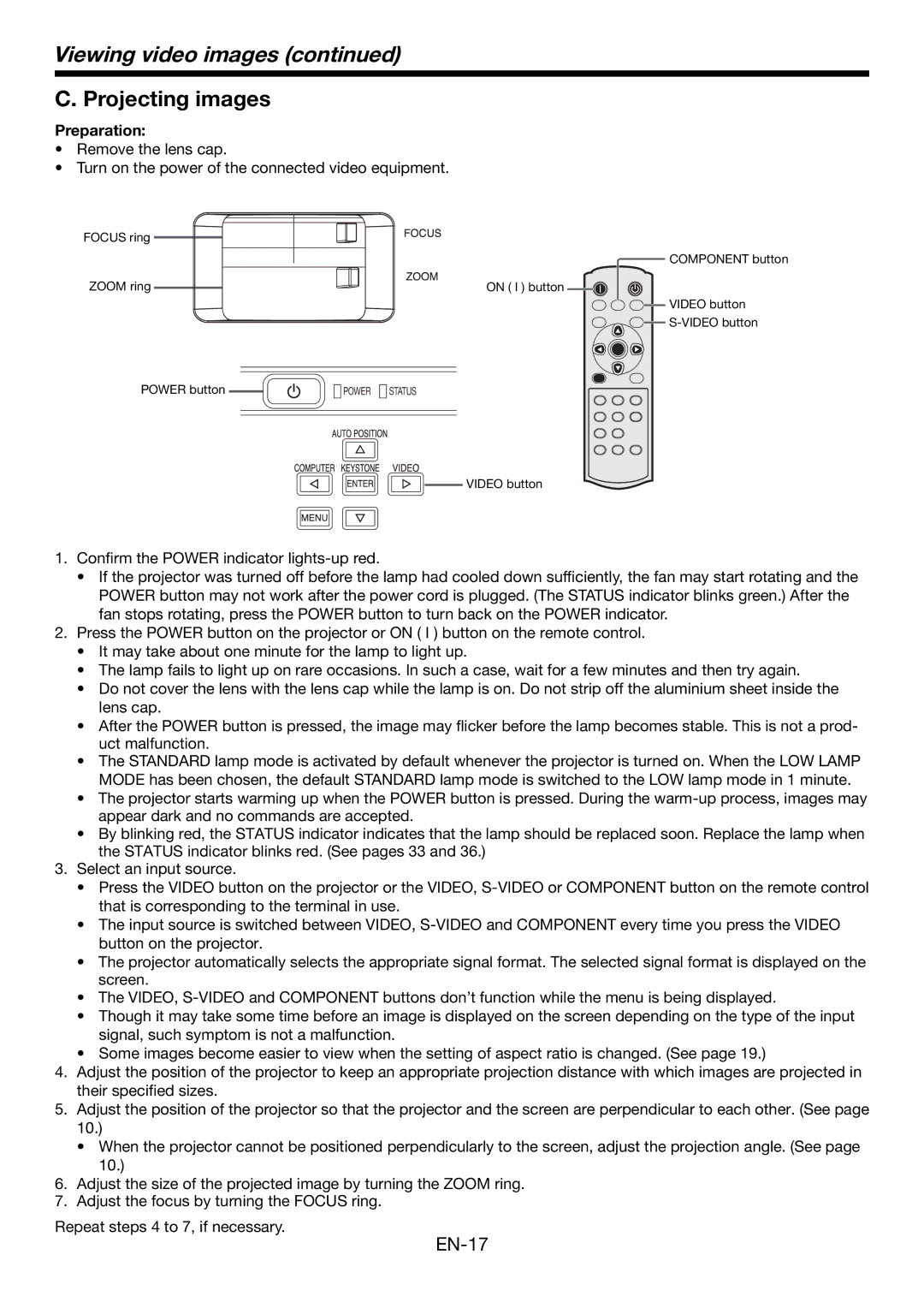Mitsubishi Electronics HC1500 user manual Projecting images, Preparation 