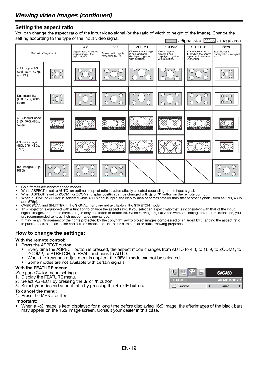 Mitsubishi Electronics HC1500 user manual Setting the aspect ratio, How to change the settings, With the remote control 