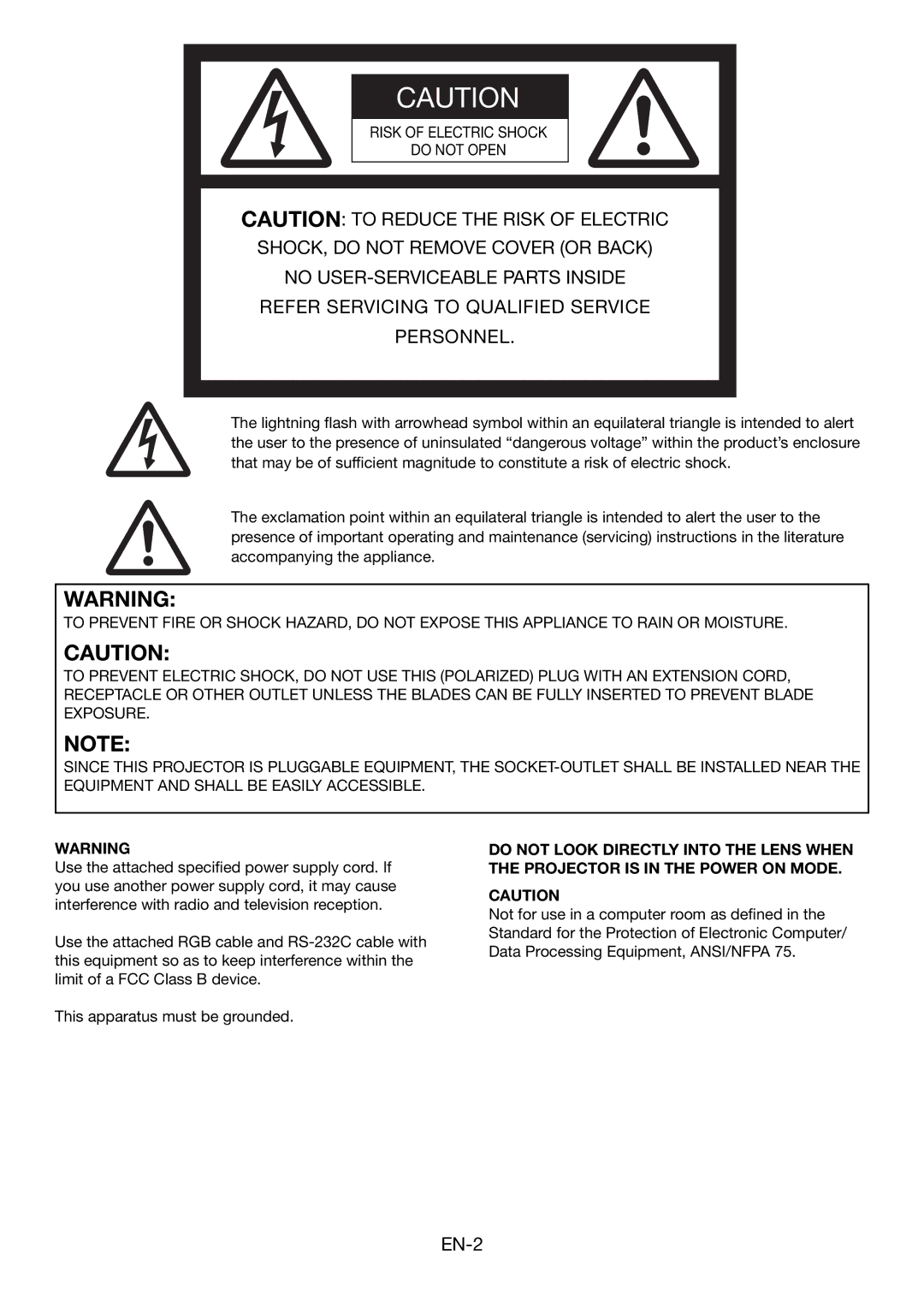 Mitsubishi Electronics HC1500 user manual Risk of Electric Shock Do not Open 