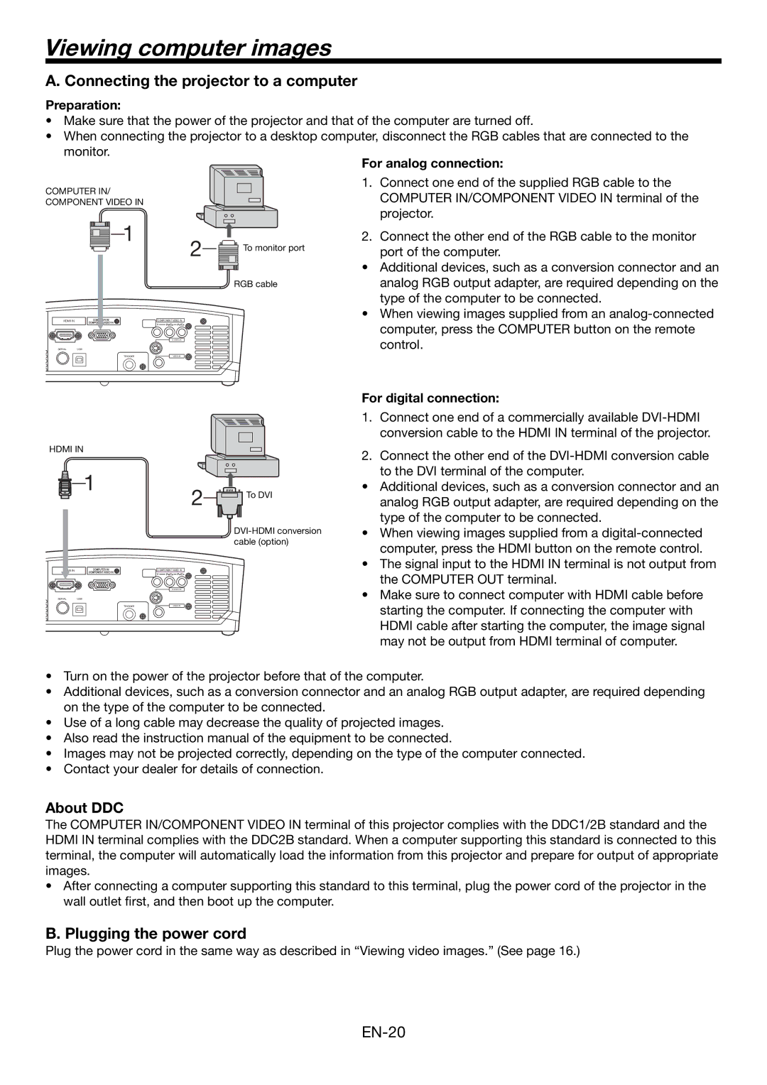 Mitsubishi Electronics HC1500 Viewing computer images, Connecting the projector to a computer, Plugging the power cord 