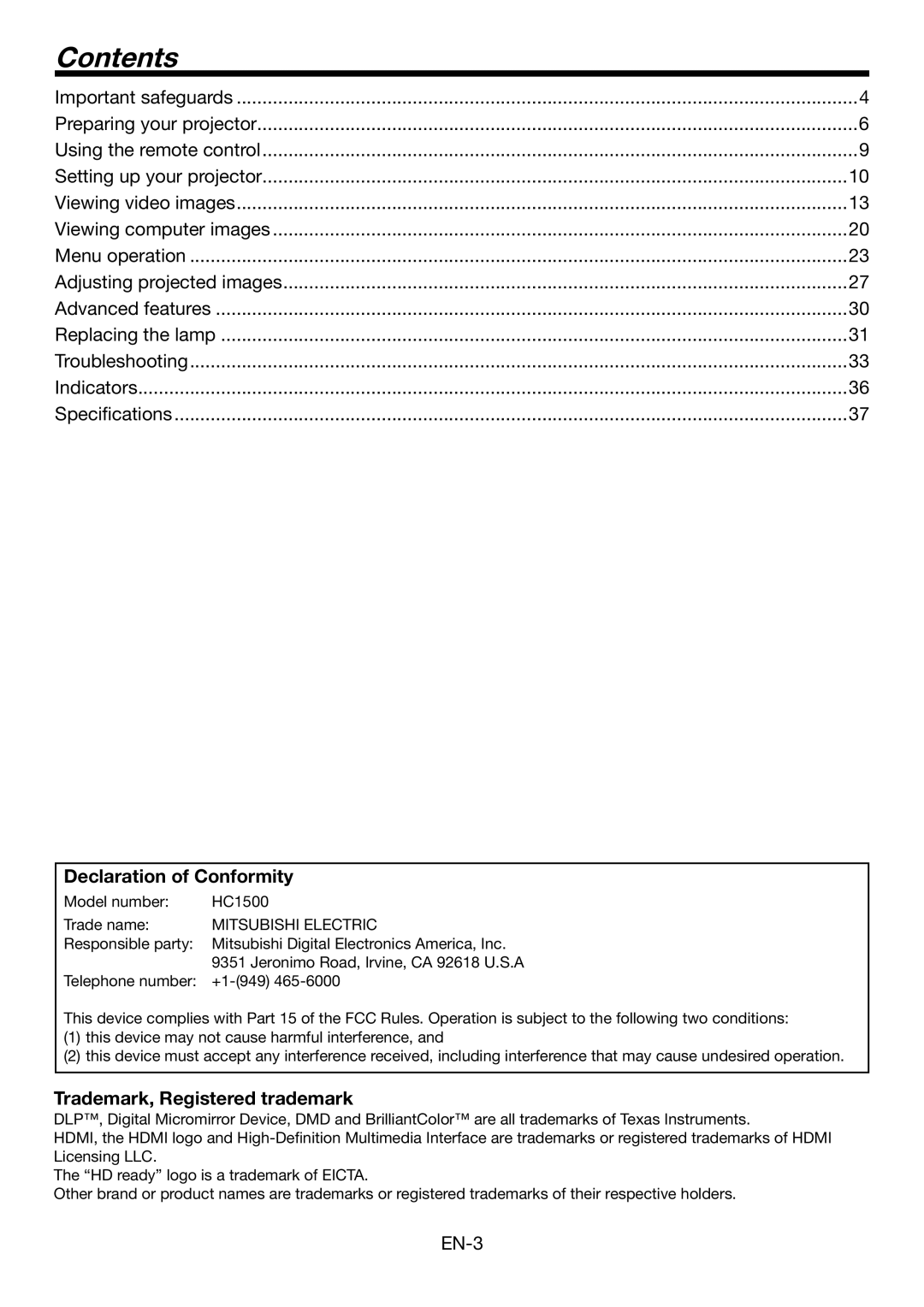 Mitsubishi Electronics HC1500 user manual Contents 