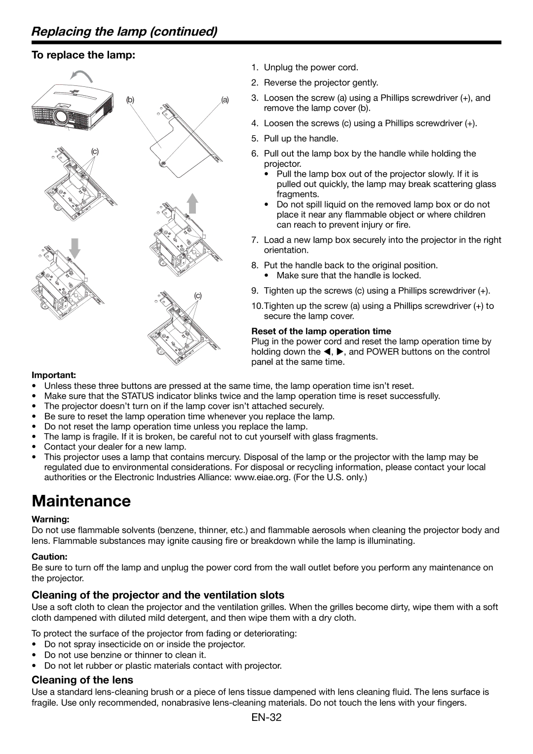 Mitsubishi Electronics HC1500 Replacing the lamp, To replace the lamp, Cleaning of the projector and the ventilation slots 