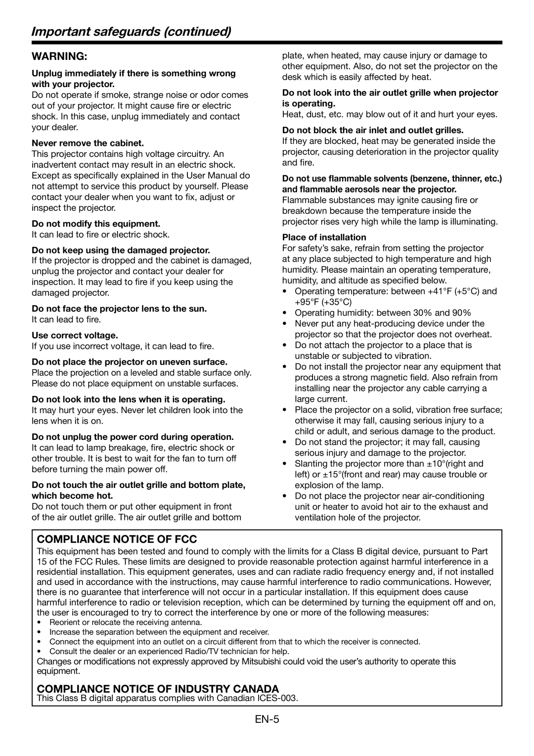 Mitsubishi Electronics HC1500 user manual Important safeguards 