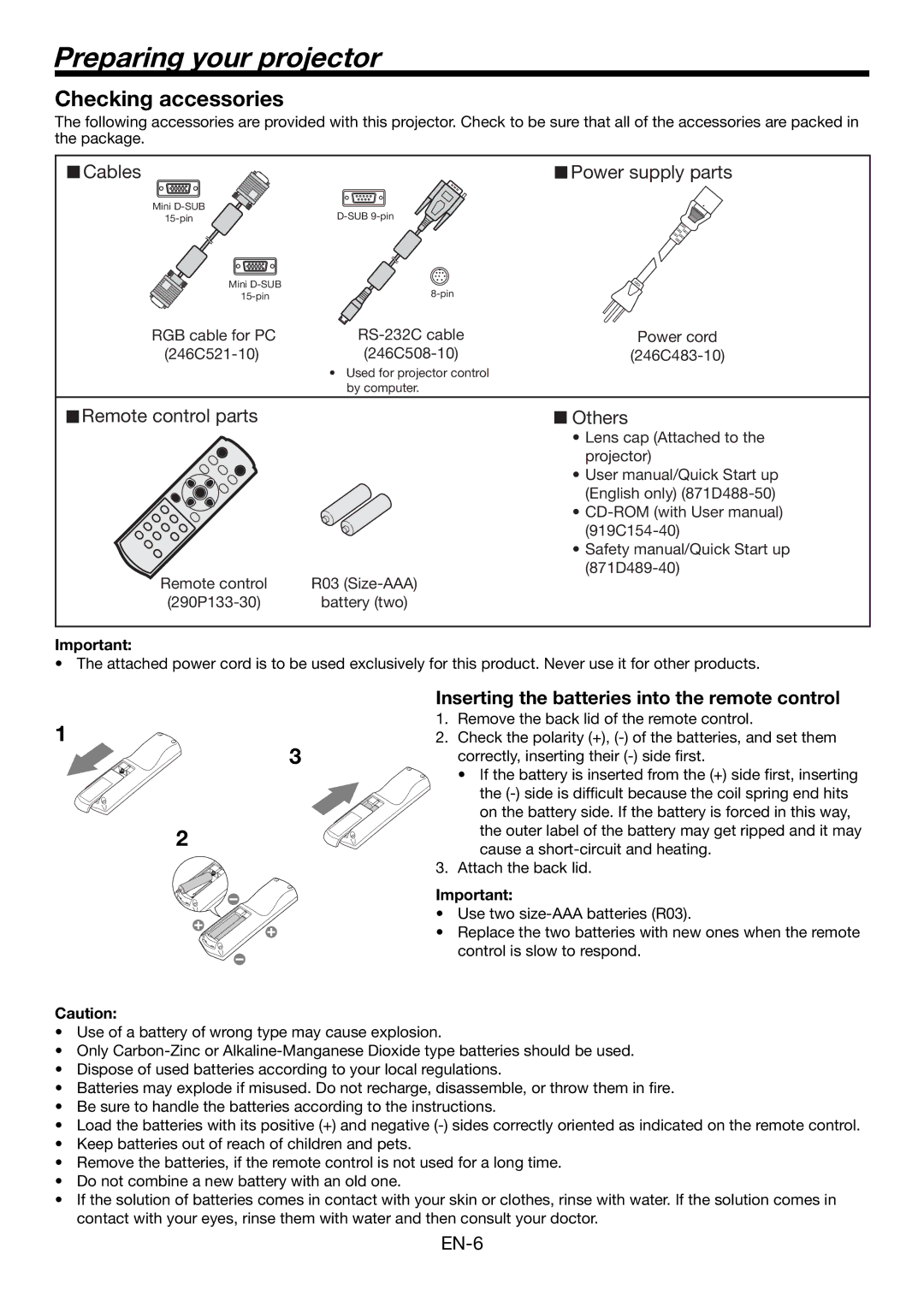 Mitsubishi Electronics HC1500 user manual Preparing your projector, Checking accessories 