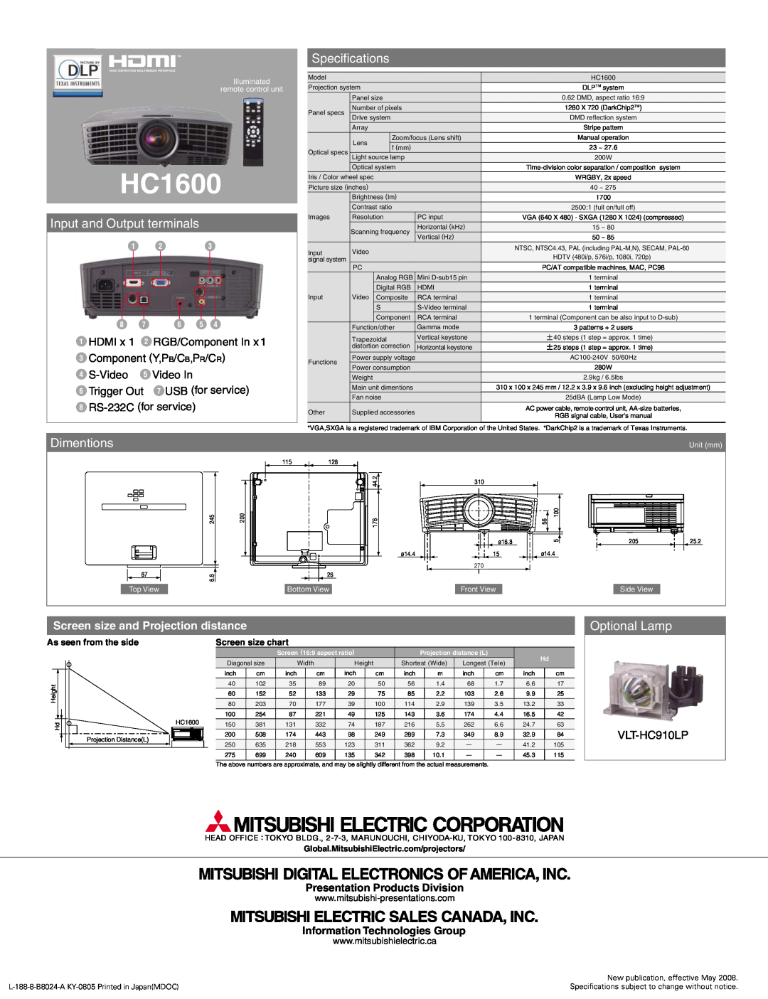 Mitsubishi Electronics HC1600 Specifications, Input and Output terminals, Dimentions, Optional Lamp, S-Video, Video In 