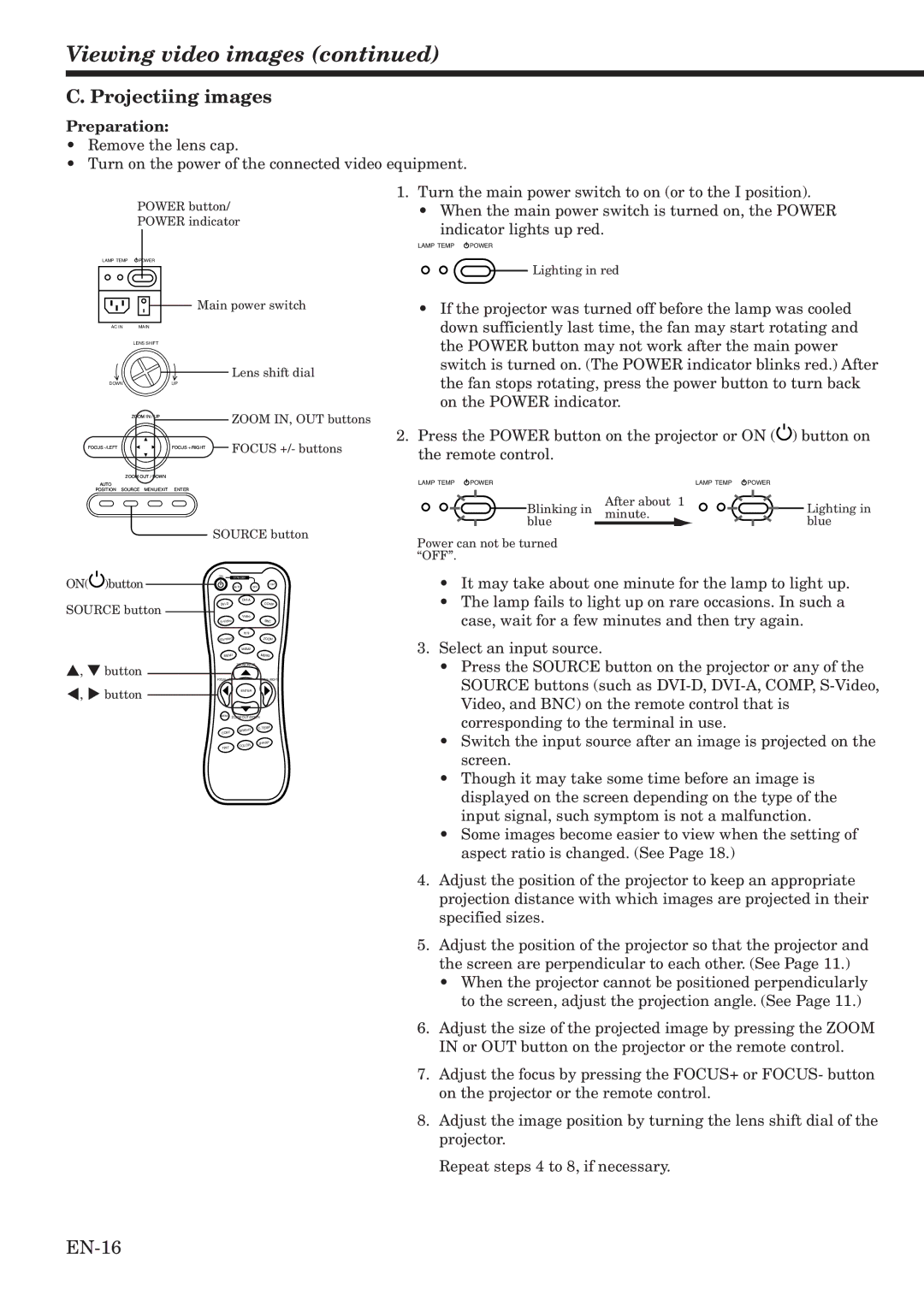 Mitsubishi Electronics HC2000 user manual Viewing video images, Projectiing images, EN-16, Preparation 