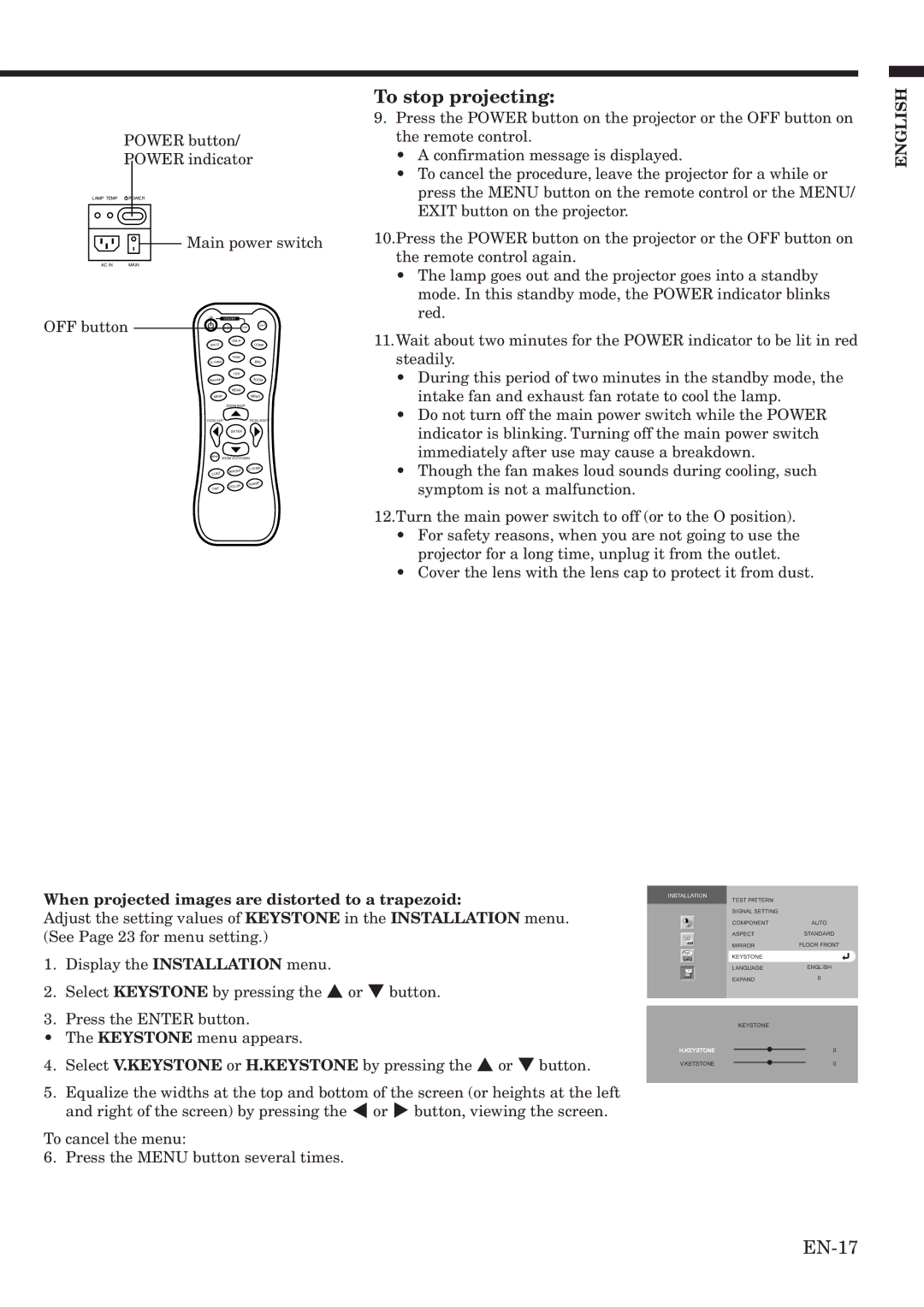 Mitsubishi Electronics HC2000 user manual To stop projecting, EN-17 