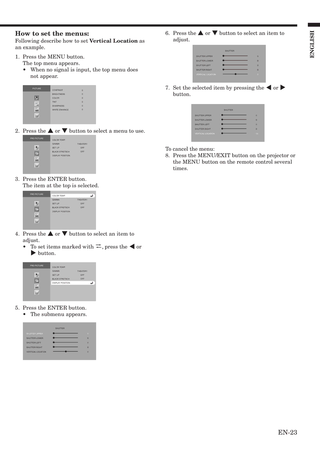 Mitsubishi Electronics HC2000 user manual How to set the menus, EN-23 