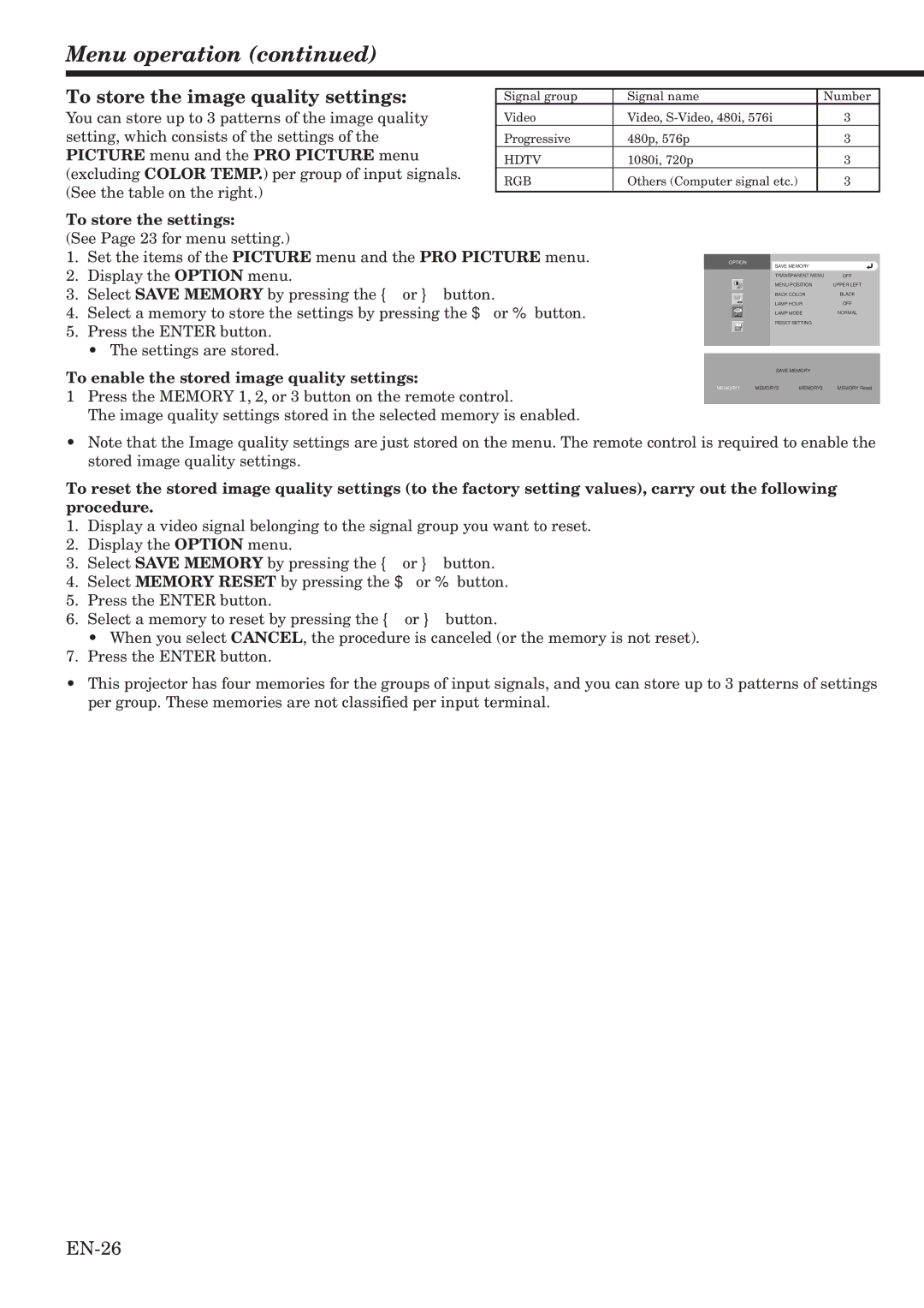 Mitsubishi Electronics HC2000 user manual To store the image quality settings, EN-26, To store the settings 