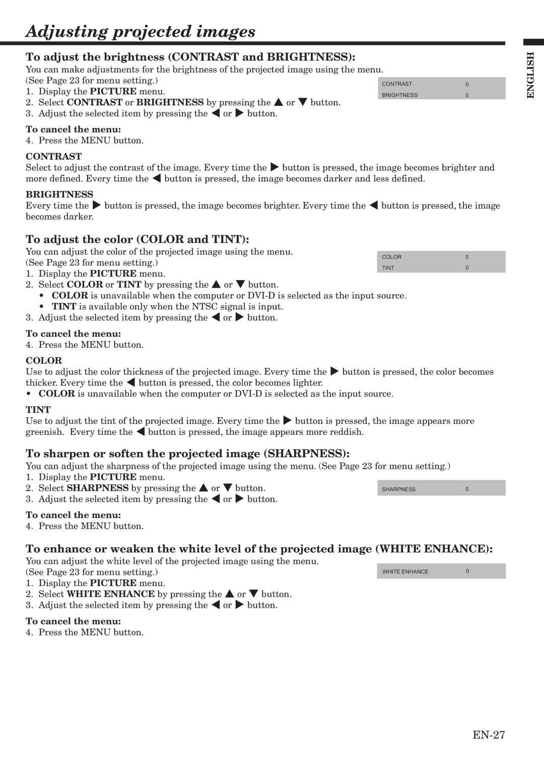 Mitsubishi Electronics HC2000 Adjusting projected images, To adjust the brightness Contrast and Brightness, EN-27 