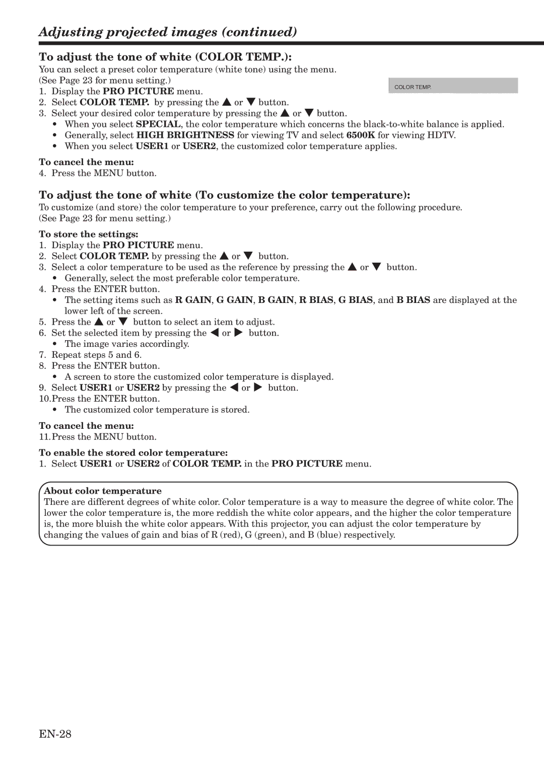 Mitsubishi Electronics HC2000 user manual Adjusting projected images, To adjust the tone of white Color Temp, EN-28 