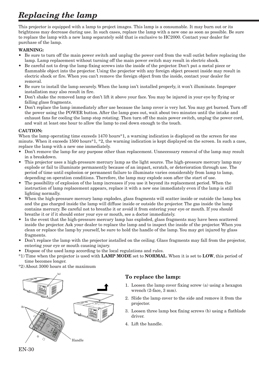 Mitsubishi Electronics HC2000 user manual Replacing the lamp, To replace the lamp, EN-30 