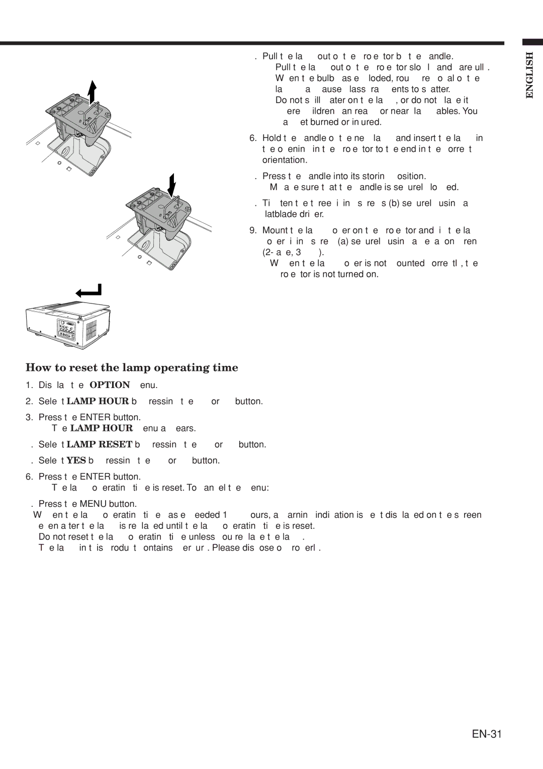 Mitsubishi Electronics HC2000 user manual How to reset the lamp operating time, EN-31 