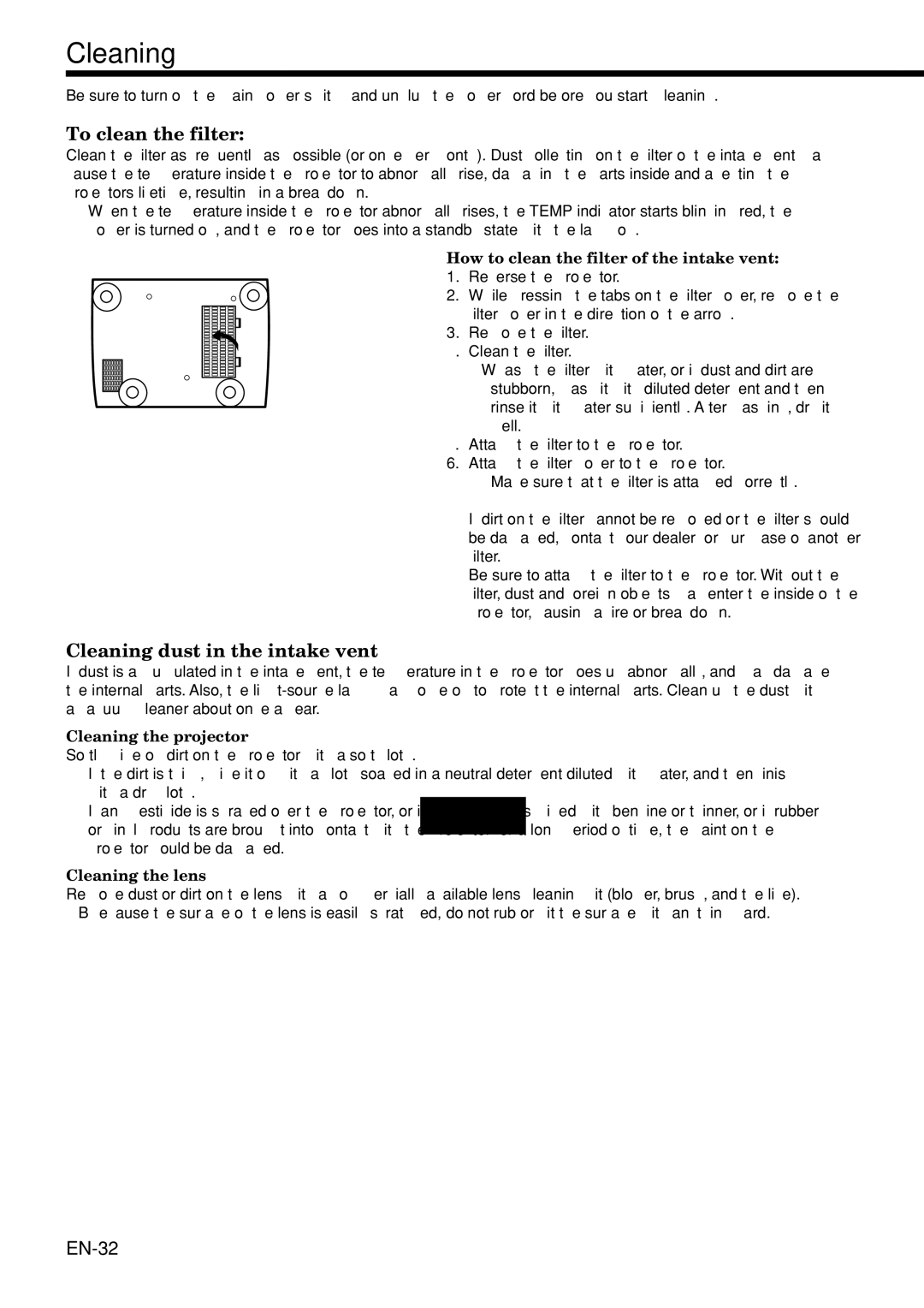 Mitsubishi Electronics HC2000 user manual To clean the filter, Cleaning dust in the intake vent, EN-32 