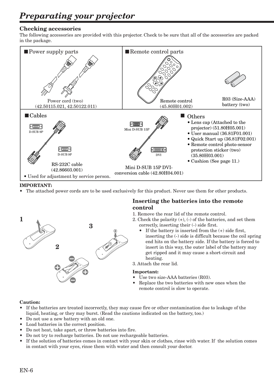 Mitsubishi Electronics HC2000 Preparating your projector, Checking accessories, Inserting the batteries into the remote 