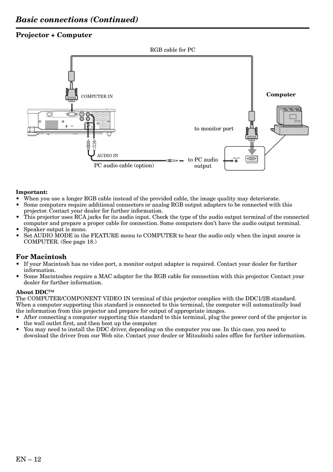 Mitsubishi Electronics HC3 user manual Basic connections, Projector + Computer, For Macintosh, About DDC 