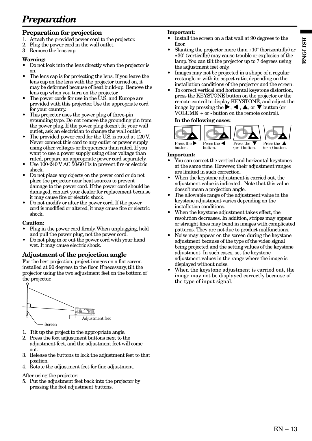 Mitsubishi Electronics HC3 user manual Preparation for projection, Adjustment of the projection angle, Following cases 