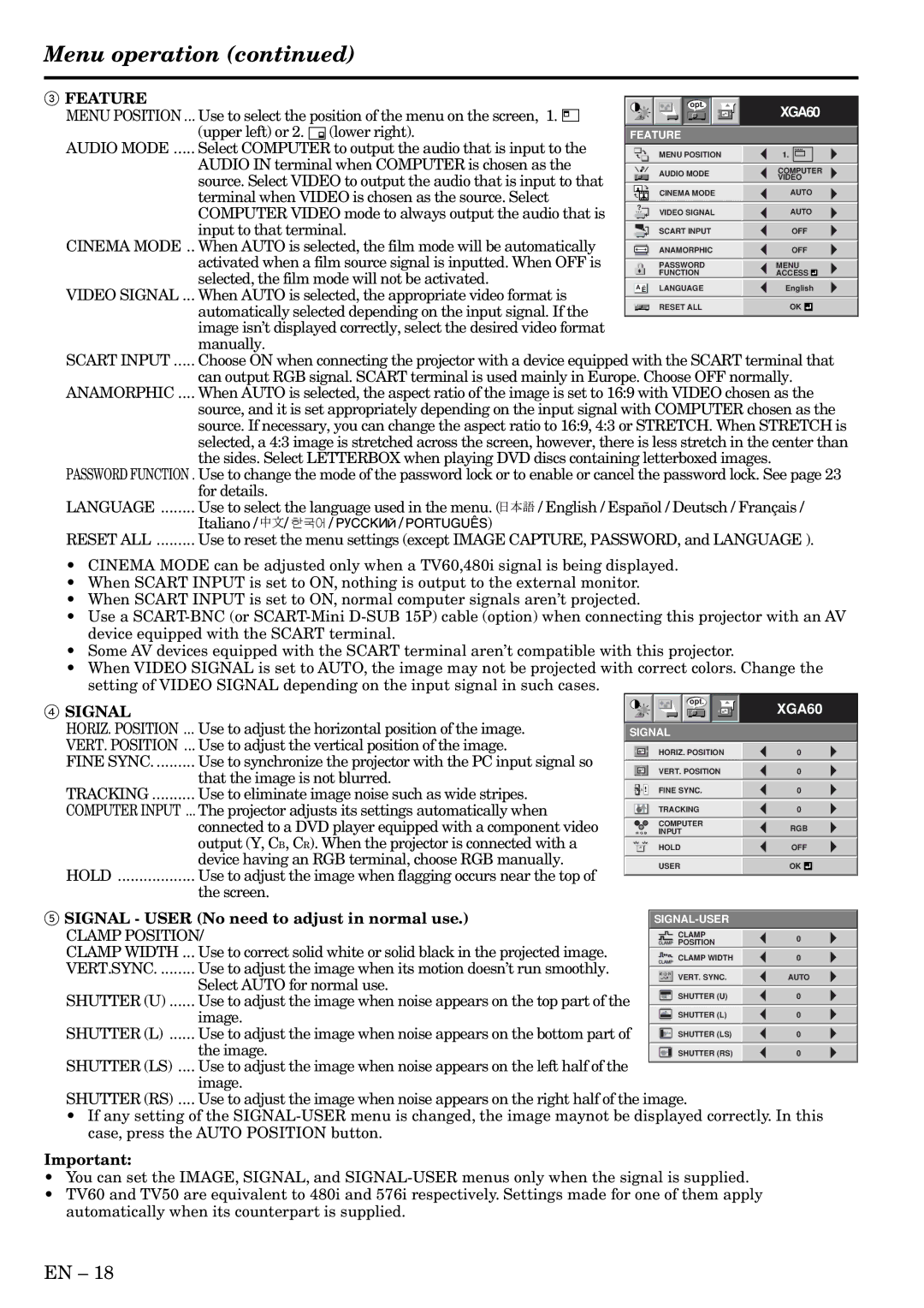 Mitsubishi Electronics HC3 user manual Menu operation, Feature 