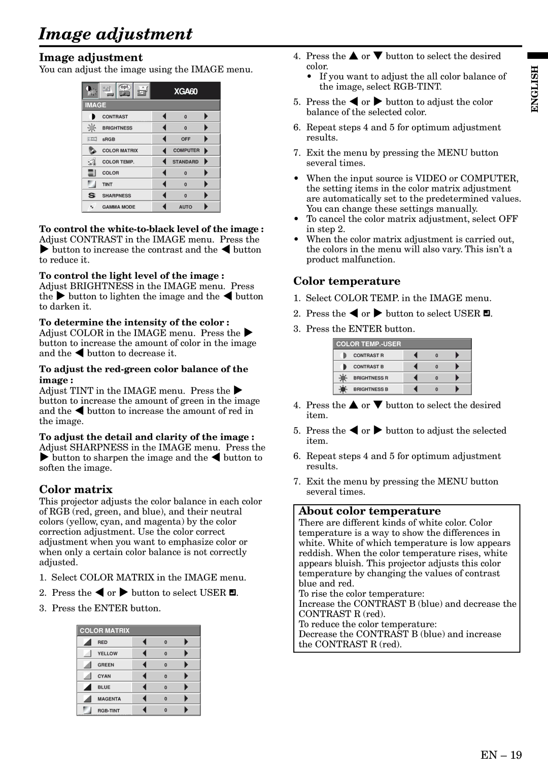 Mitsubishi Electronics HC3 user manual Image adjustment, Color matrix, Color temperature, About color temperature 