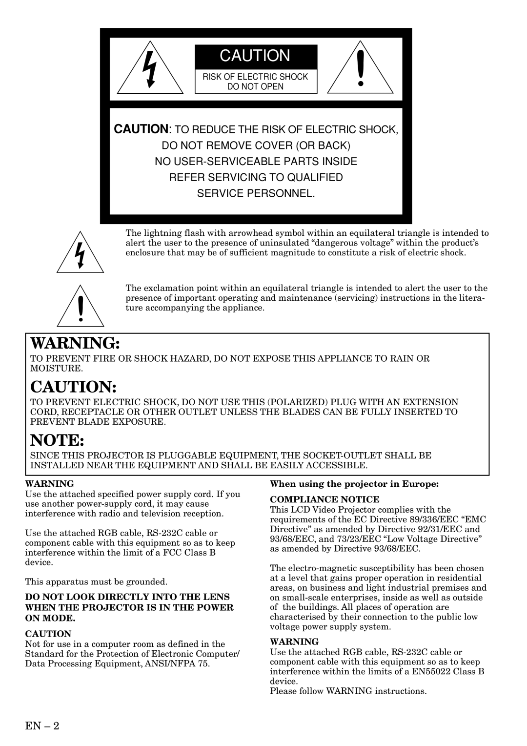 Mitsubishi Electronics HC3 user manual When using the projector in Europe, Compliance Notice 