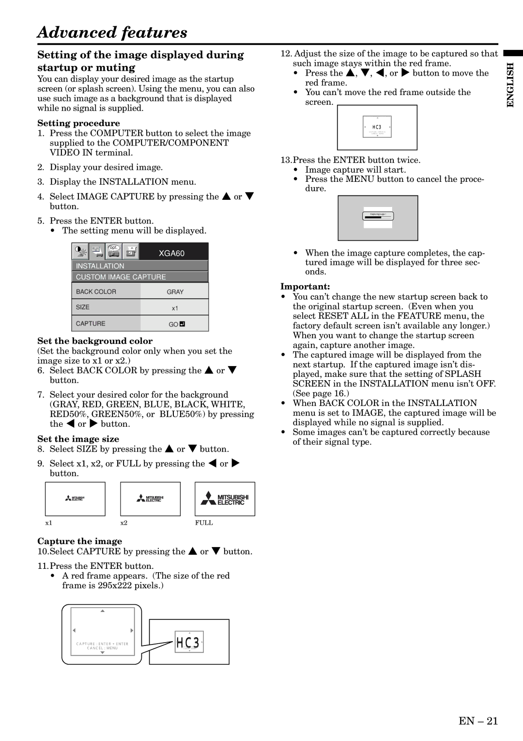 Mitsubishi Electronics HC3 user manual Advanced features, Setting of the image displayed during startup or muting 